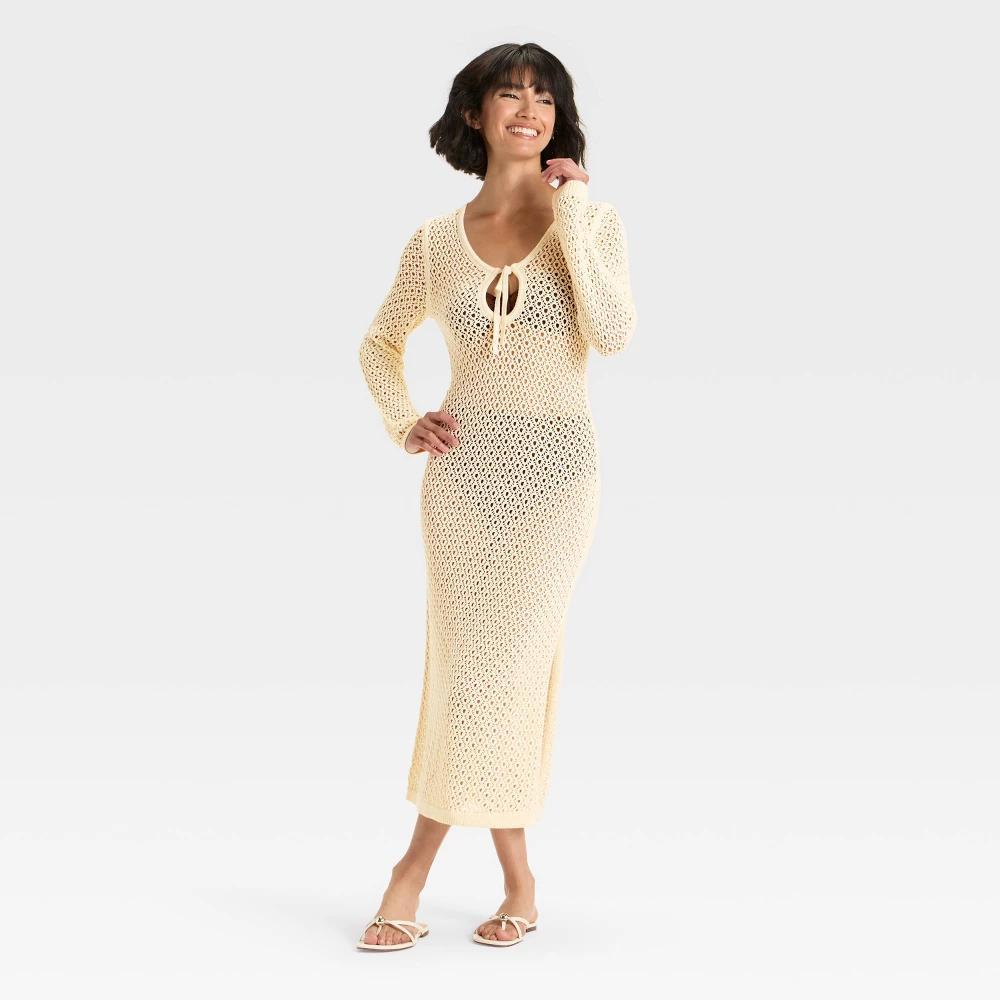 Women's Crochet-Style Long Sleeve Maxi Sweater Dress - A New Day™ Cream Product Image