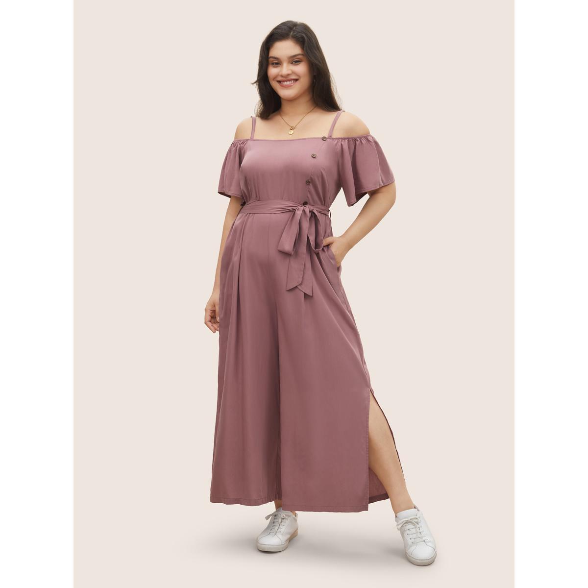 Plus Size DustyPink Supersoft Essentials Button Detail Slit Hem Jumpsuit Women Casual Short sleeve Non Everyday Loose Jumpsuits BloomChic 30/6X Product Image