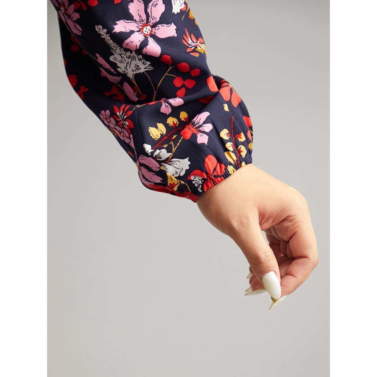 Plus Size Multicolor Floral Print Gathered Lantern Sleeve Blouse Women Elegant Long Sleeve V-neck Dailywear Blouses BloomChic 10/M Product Image