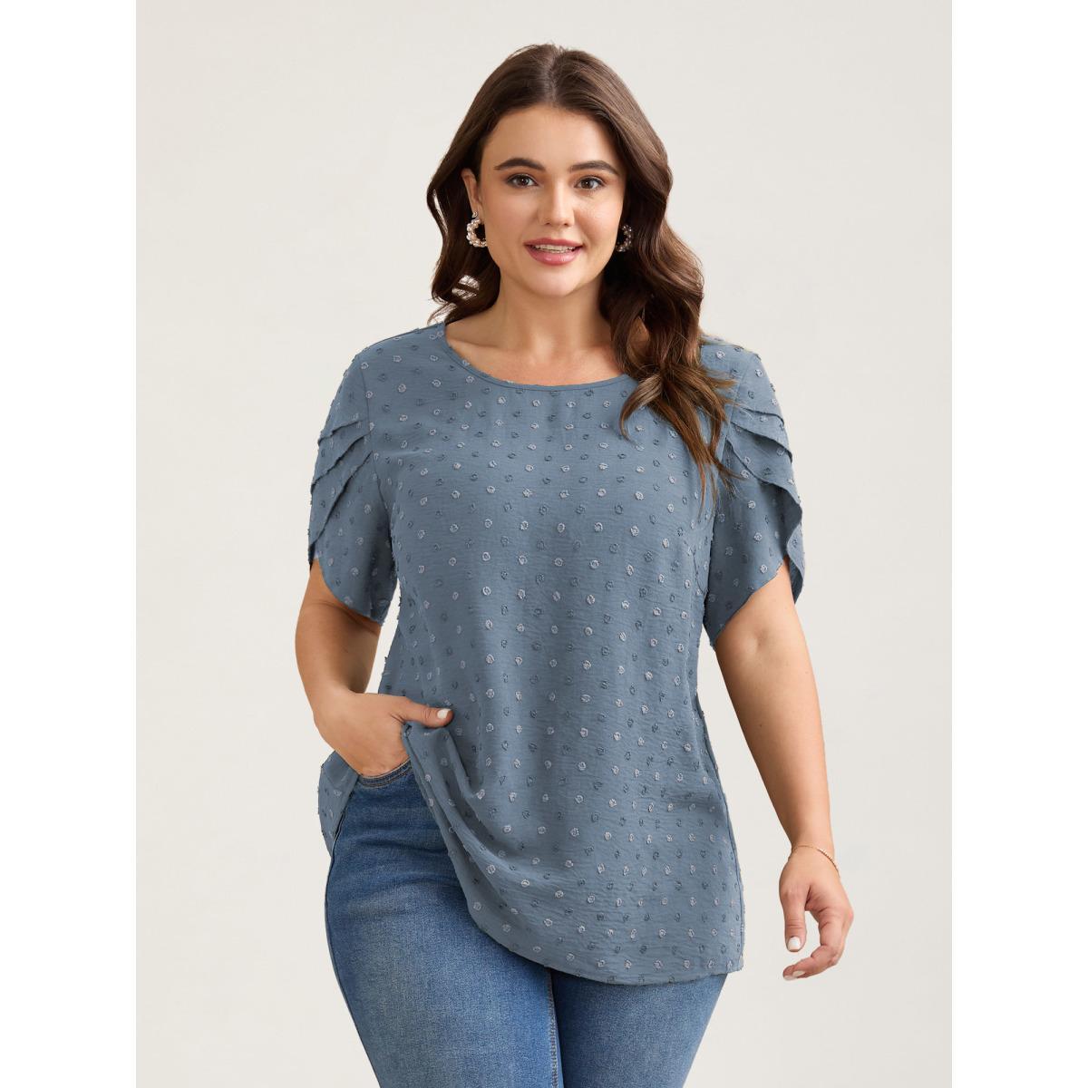 Plus Size Stone Textured Color Contrast Petal Sleeve Blouse Women Elegant Short sleeve Round Neck Everyday Blouses BloomChic 22-24/3X Product Image
