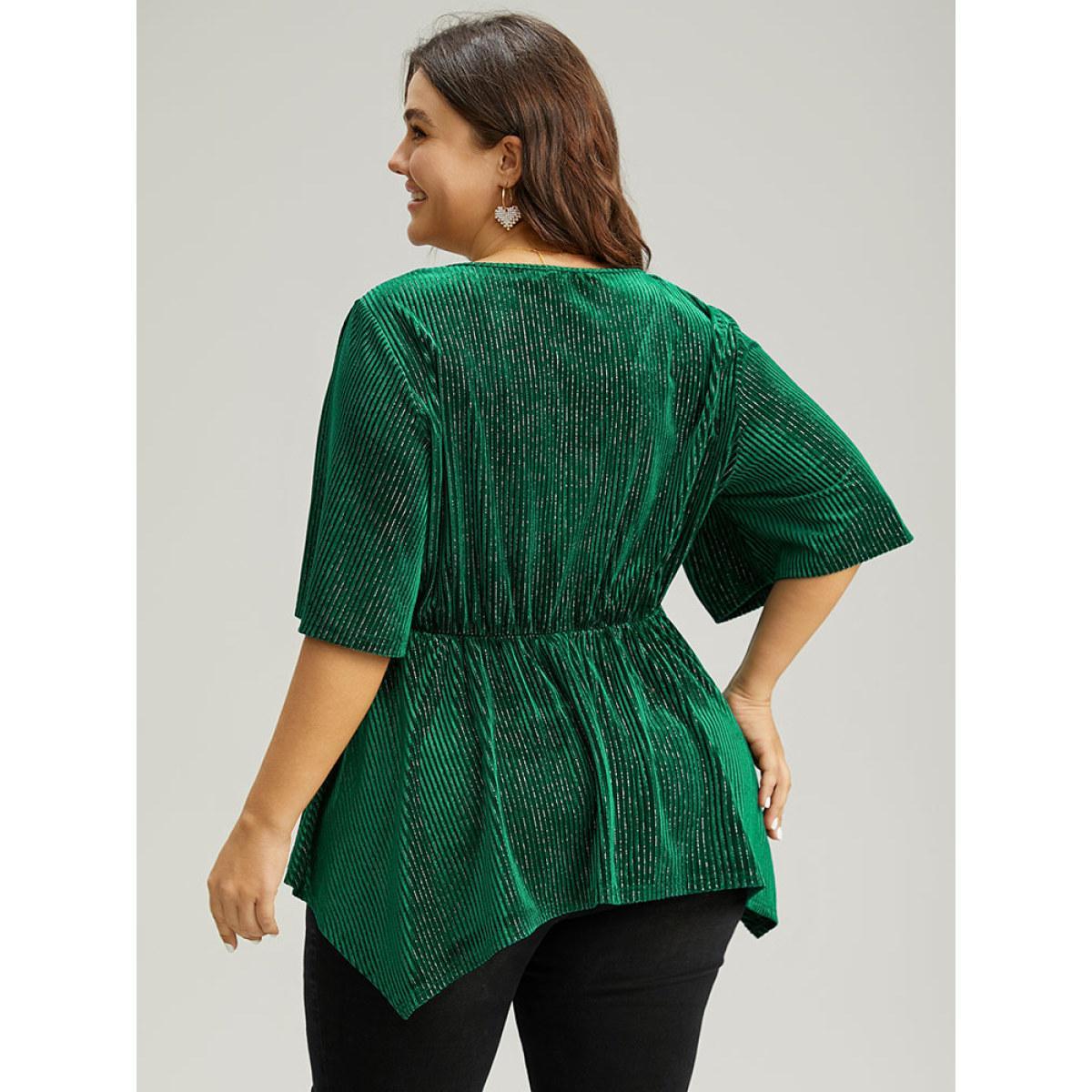 Plus Size DarkGreen Velvet Elastic Waist Ruffle Sleeve Hanky Hem Blouse Women Glamour Short sleeve V-neck Festival-Christmas Blouses BloomChic 10/M Product Image