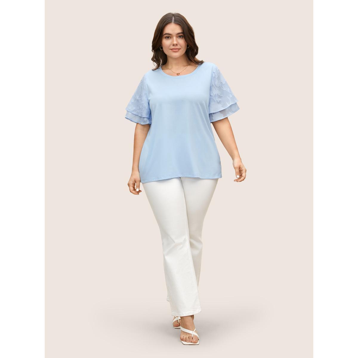 Plus Size Mesh Patchwork Tiered Ruffle Sleeve T-shirt LightBlue Women Elegant Patchwork Round Neck Everyday T-shirts BloomChic 10/M Product Image