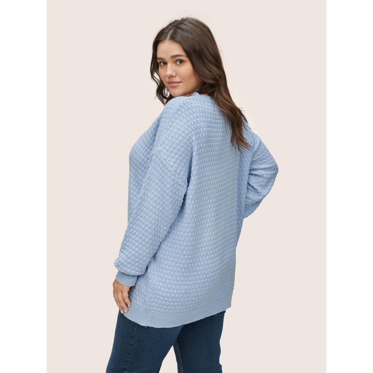 Plus Size Plain Texture Round Neck Elastic Cuffs Pullover LightBlue Women Basics Long Sleeve Round Neck Everyday Pullovers BloomChic 10/M Product Image