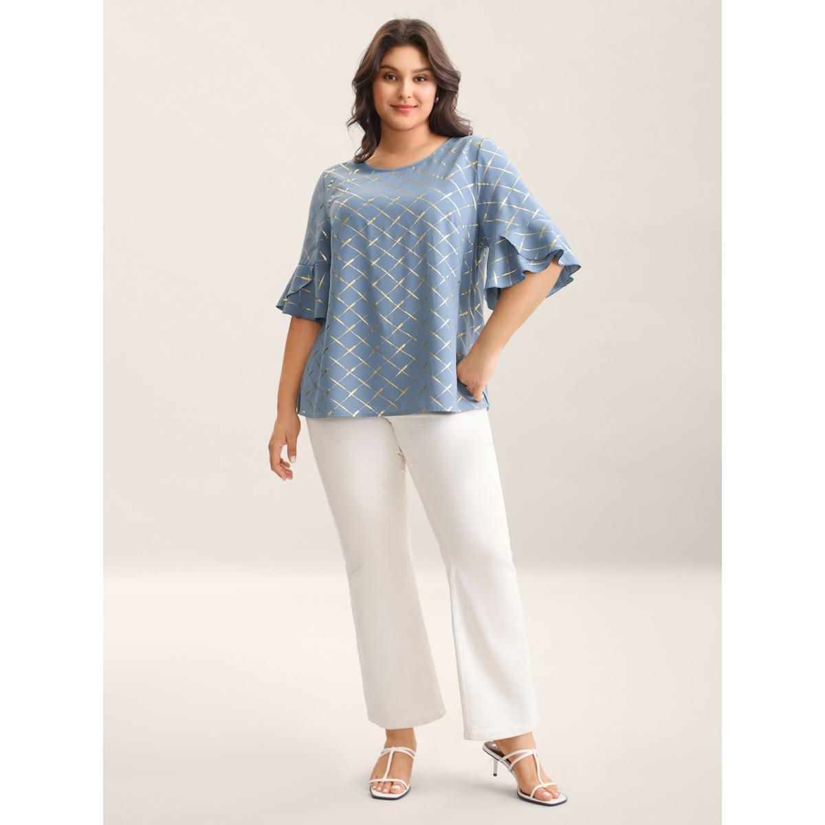 Plus Size Stone Glitter Plaid Ruffle Sleeve Blouse Women Half Sleeve Round Neck Everyday-Elegant Blouses BloomChic 18-20/2X Product Image