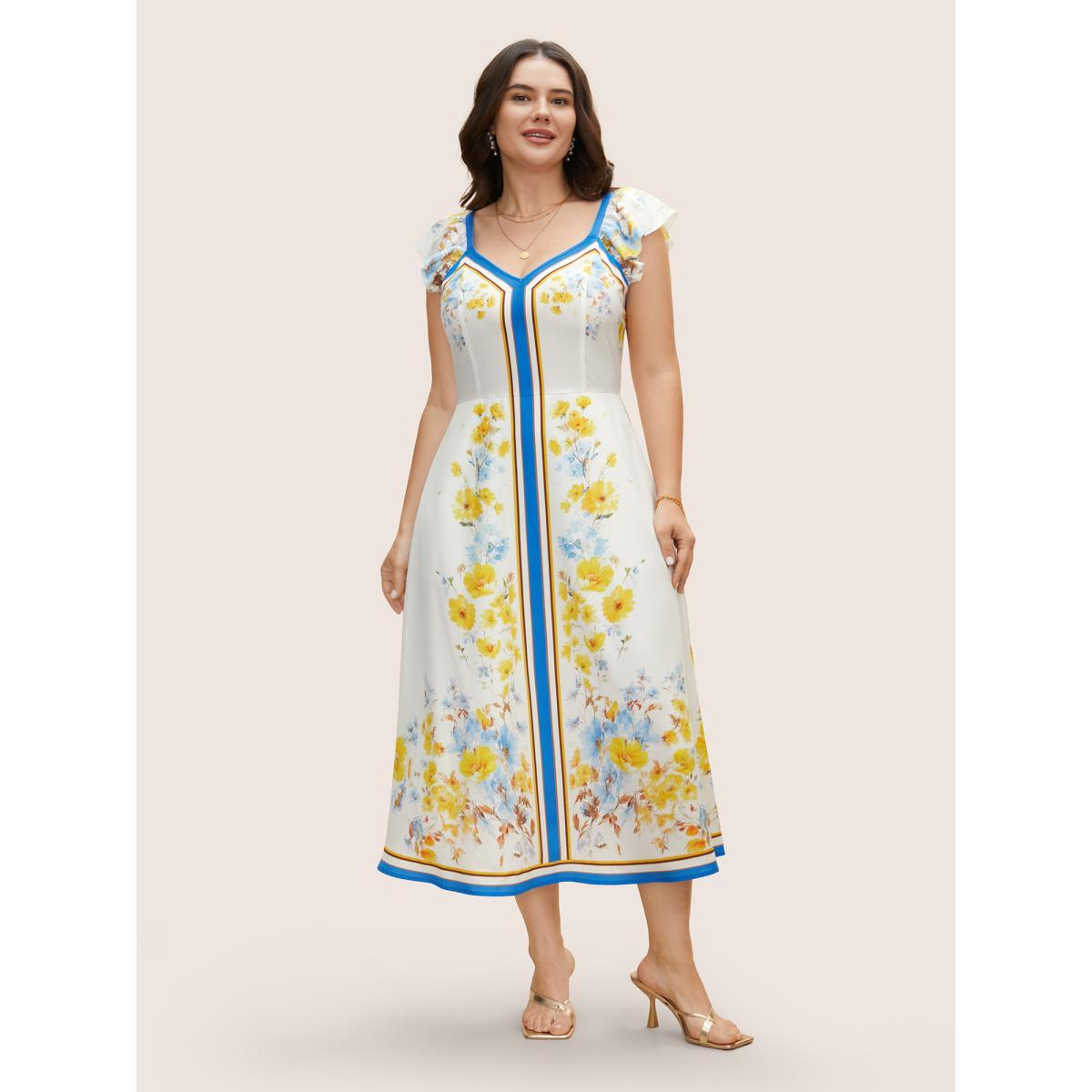 Plus Size Boho Print Heart Neckline Ruffle Cap Sleeve Dress Lemonyellow Women Elegant Ruffles Heart neckline Cap Sleeve Curvy BloomChic 12/L Product Image