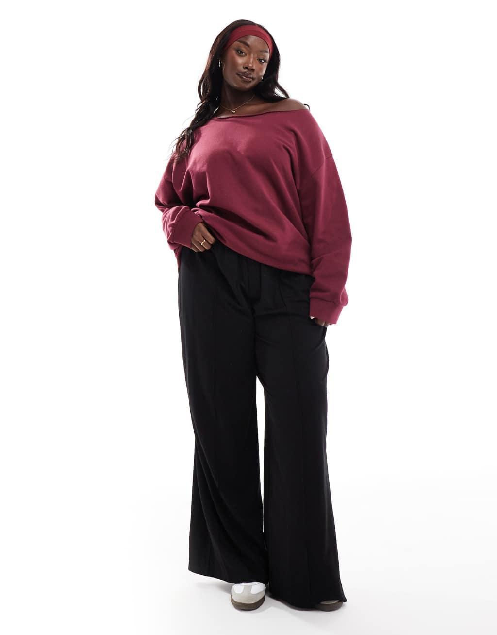 ASOS DESIGN Curve off shoulder sweatshirt in burgundy Product Image