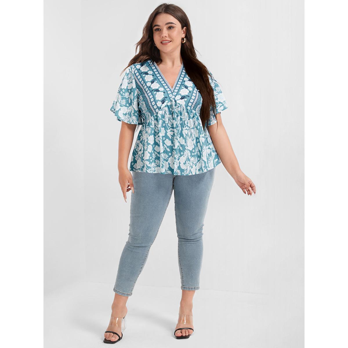 Plus Size LightBlue Floral Print Ties Ruffled Babydoll V Neck Blouse Women Vacation Short sleeve V-neck Dailywear Blouses BloomChic 18-20/2X Product Image