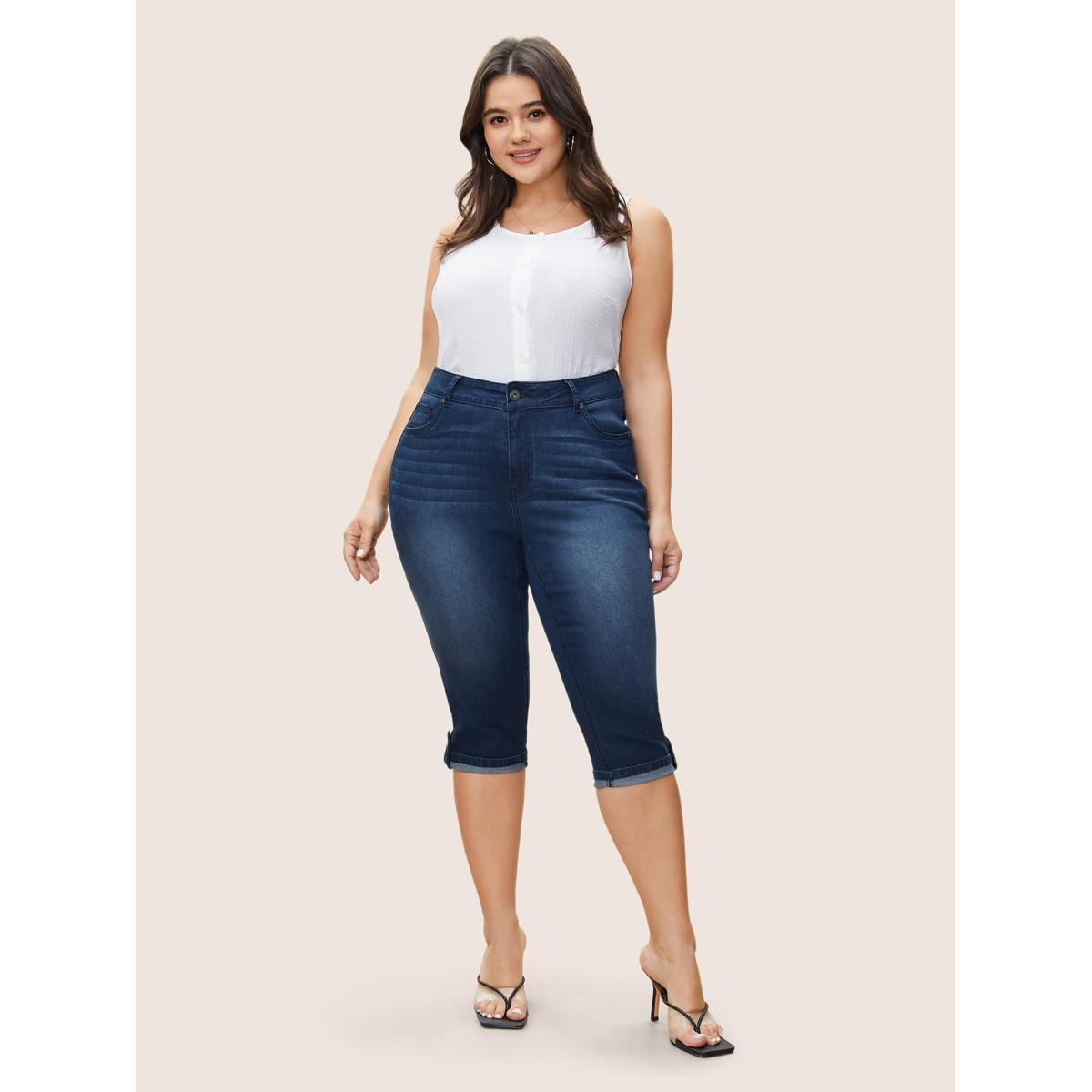 Plus Size Plain Roll Hem Skinny Cropped Jeans Women Indigo Casual Plain Non High stretch Slanted pocket Jeans BloomChic 22/3X Product Image