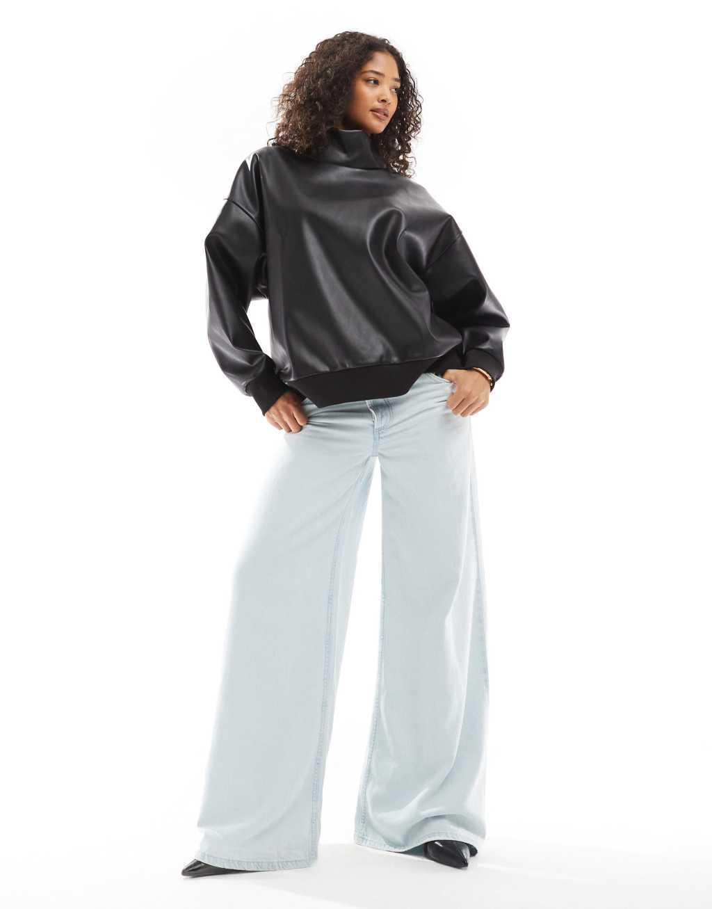 ASOS DESIGN faux leather high neck sweatshirt in black pu Product Image