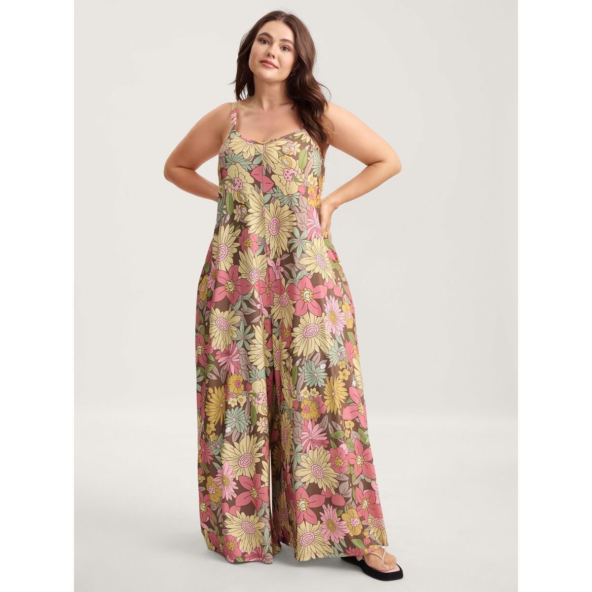 Plus Size Yellowishbrown Vivid Groove Stretchy Adjustable Jumpsuit Women Sleeveless Non Everyday-Casual Loose Jumpsuits BloomChic 12/L Product Image