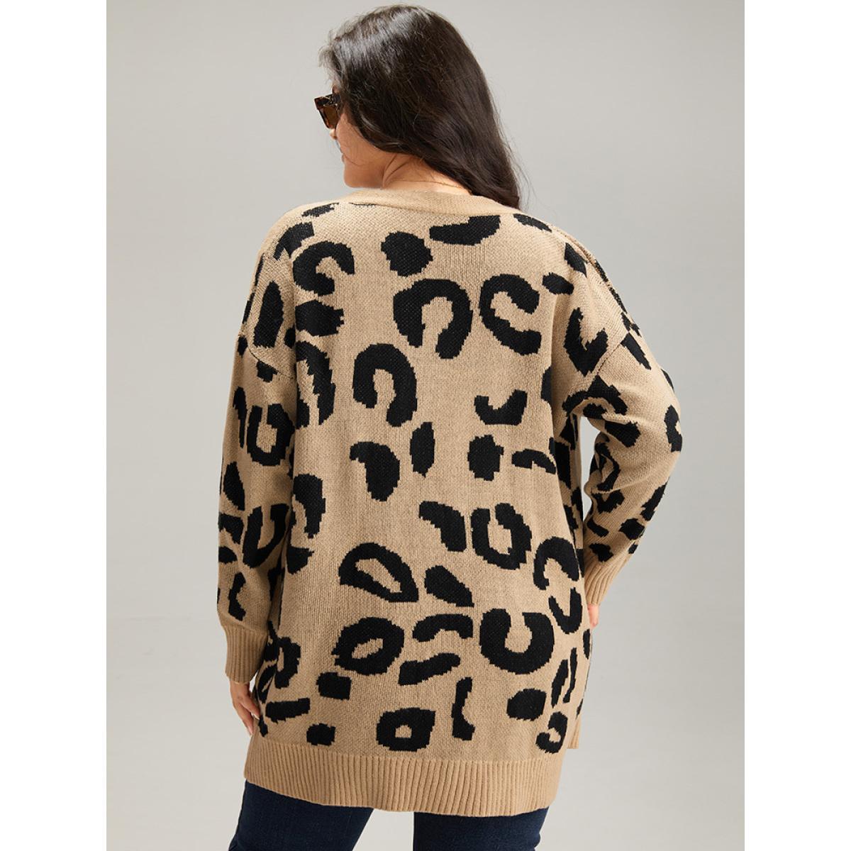 Plus Size Leopard Elastic Cuffs Drop Shoulder Cardigan Leopard Women Casual Loose Long Sleeve Everyday Cardigans BloomChic 26/4X Product Image