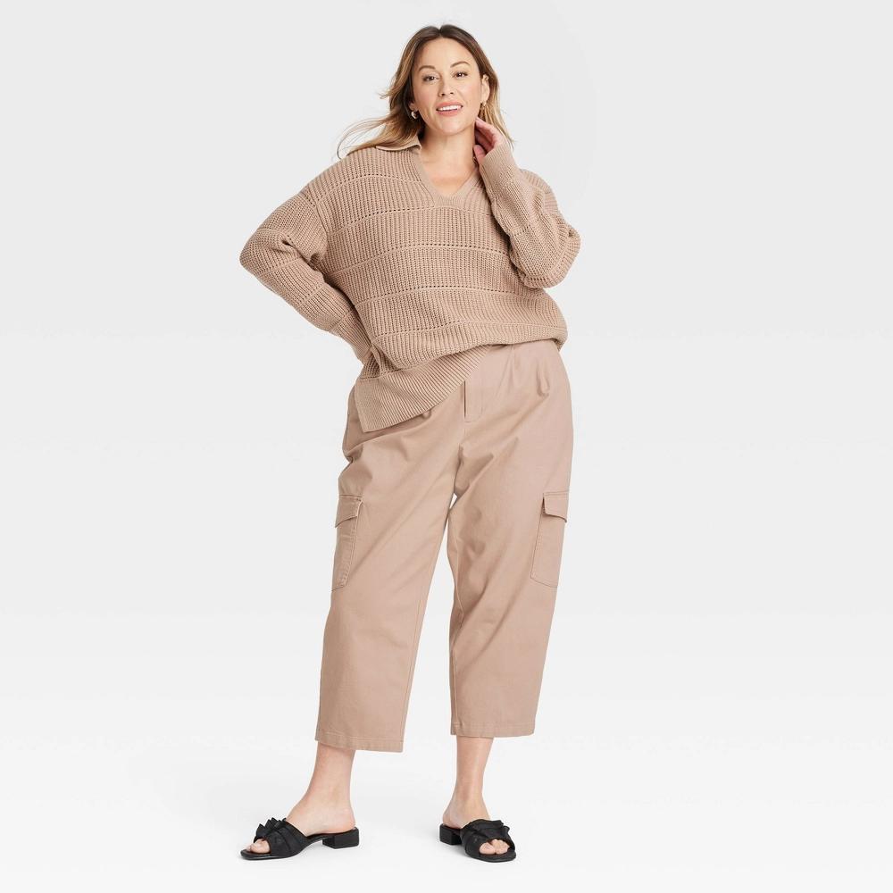 Women's Side Slit Collared Pullover Sweater - Ava & Viv™ Brown 2X: Midweight Ribbed Cuff Product Image