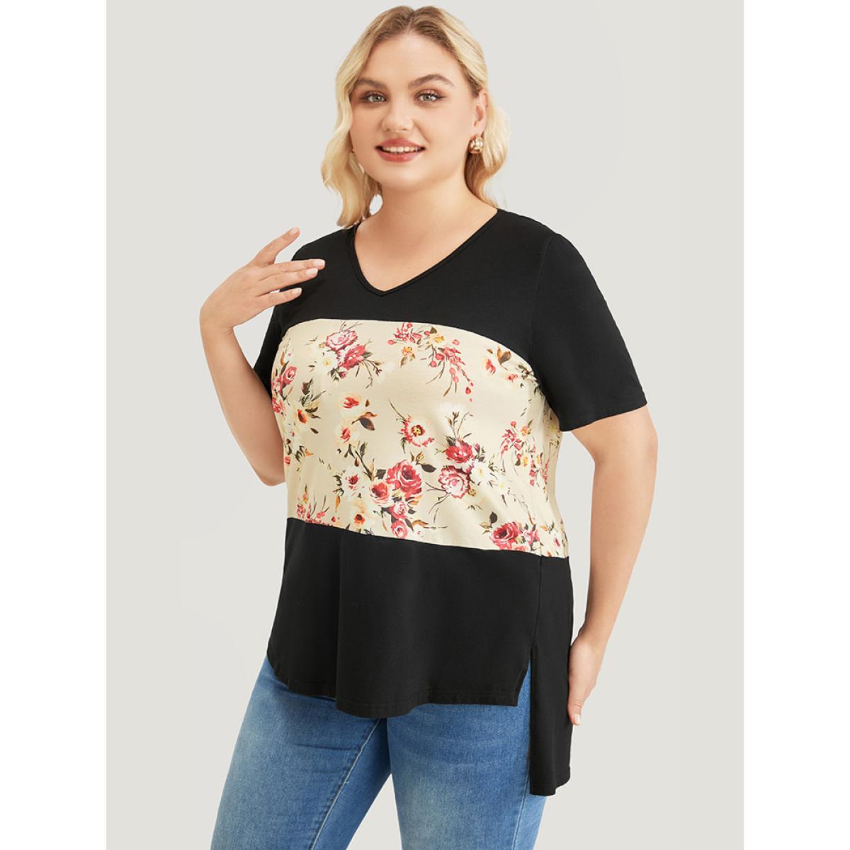 Plus Size Floral Print Colorblock Contrast Split High Low Hem T-shirt Black Women Elegant Floral V-neck Dailywear T-shirts BloomChic 18-20/2X Product Image