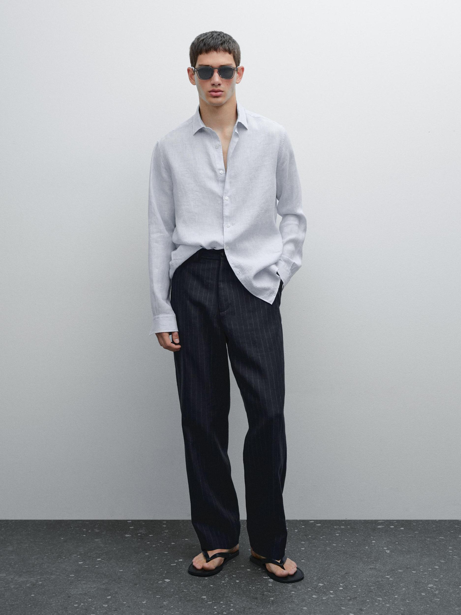 Slim fit striped 100% linen shirt Product Image