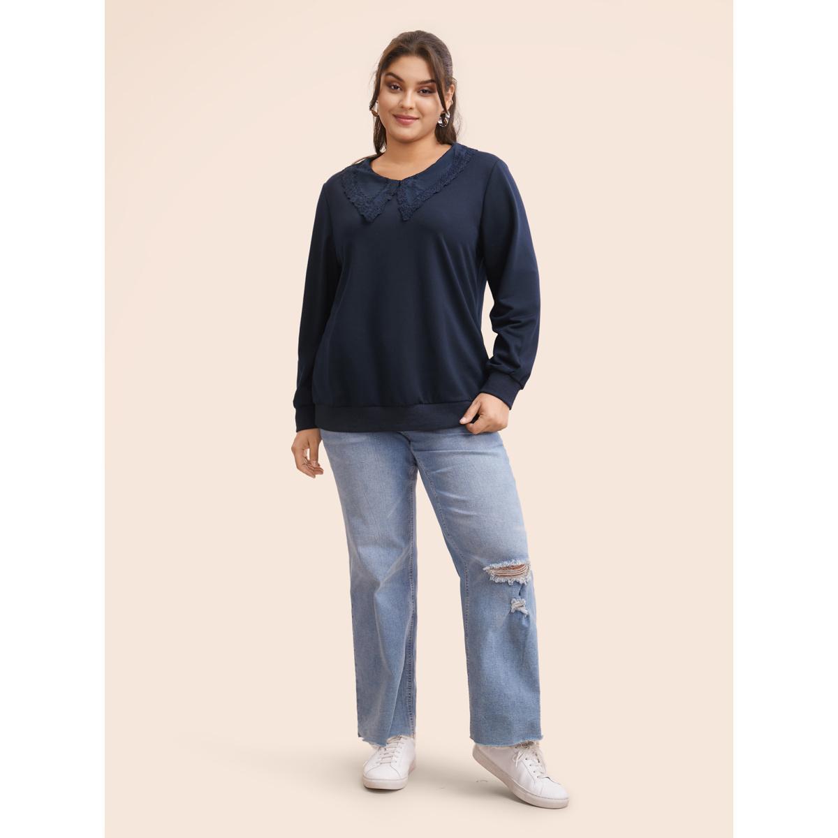 Plus Size Solid Peter Pan Collar Patchwork Sweatshirt Women Indigo Casual Patchwork Peter Pan collar Everyday Sweatshirts BloomChic 10/M Product Image