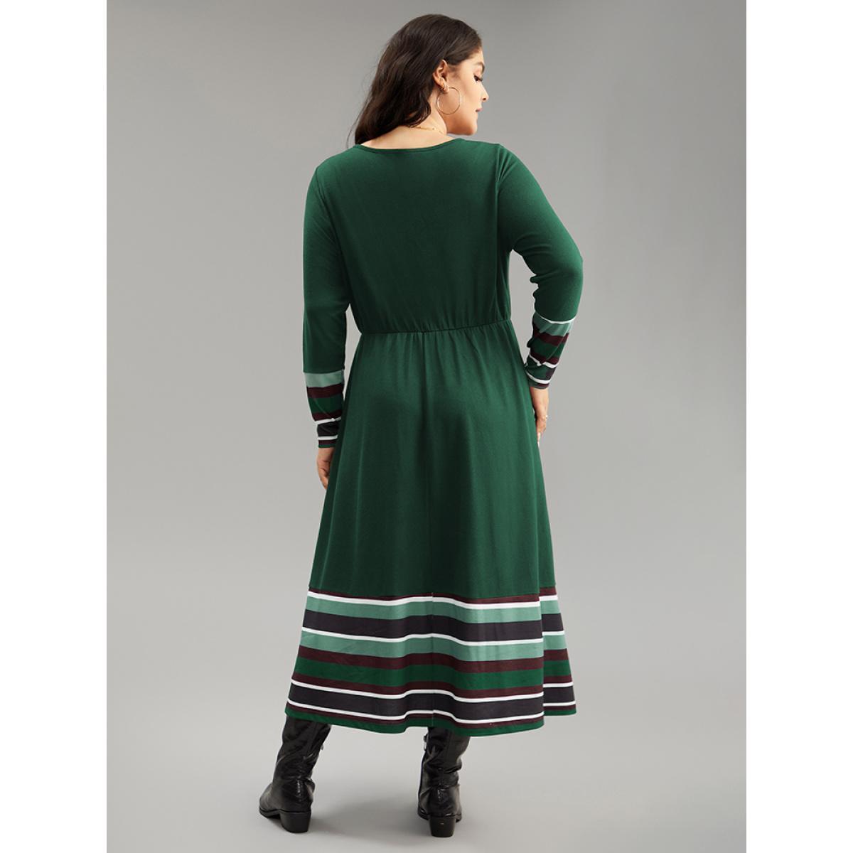 Plus Size Striped Patchwork Contrast Crew Neck Dress DarkGreen Women Casual Contrast Round Neck Long Sleeve Curvy Midi Dress BloomChic 22-24/3X Product Image