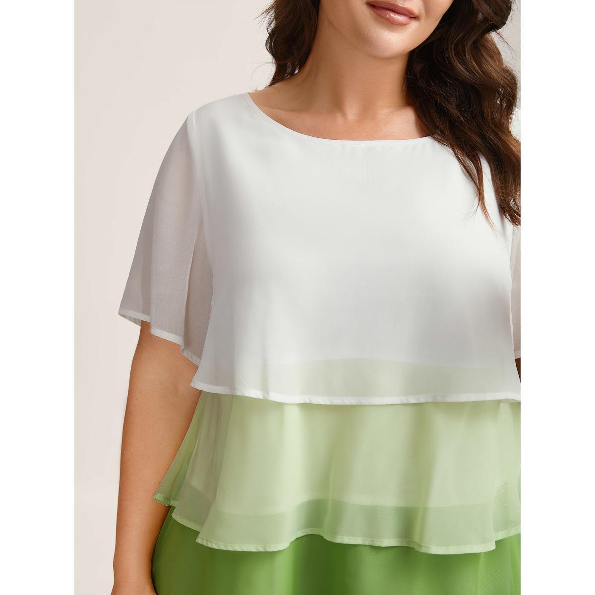 Plus Size WhiteSmoke Color Fusion Layered Sheer Blouse Women Short sleeve Boat Neck Everyday-Casual Blouses BloomChic 28/5X Product Image