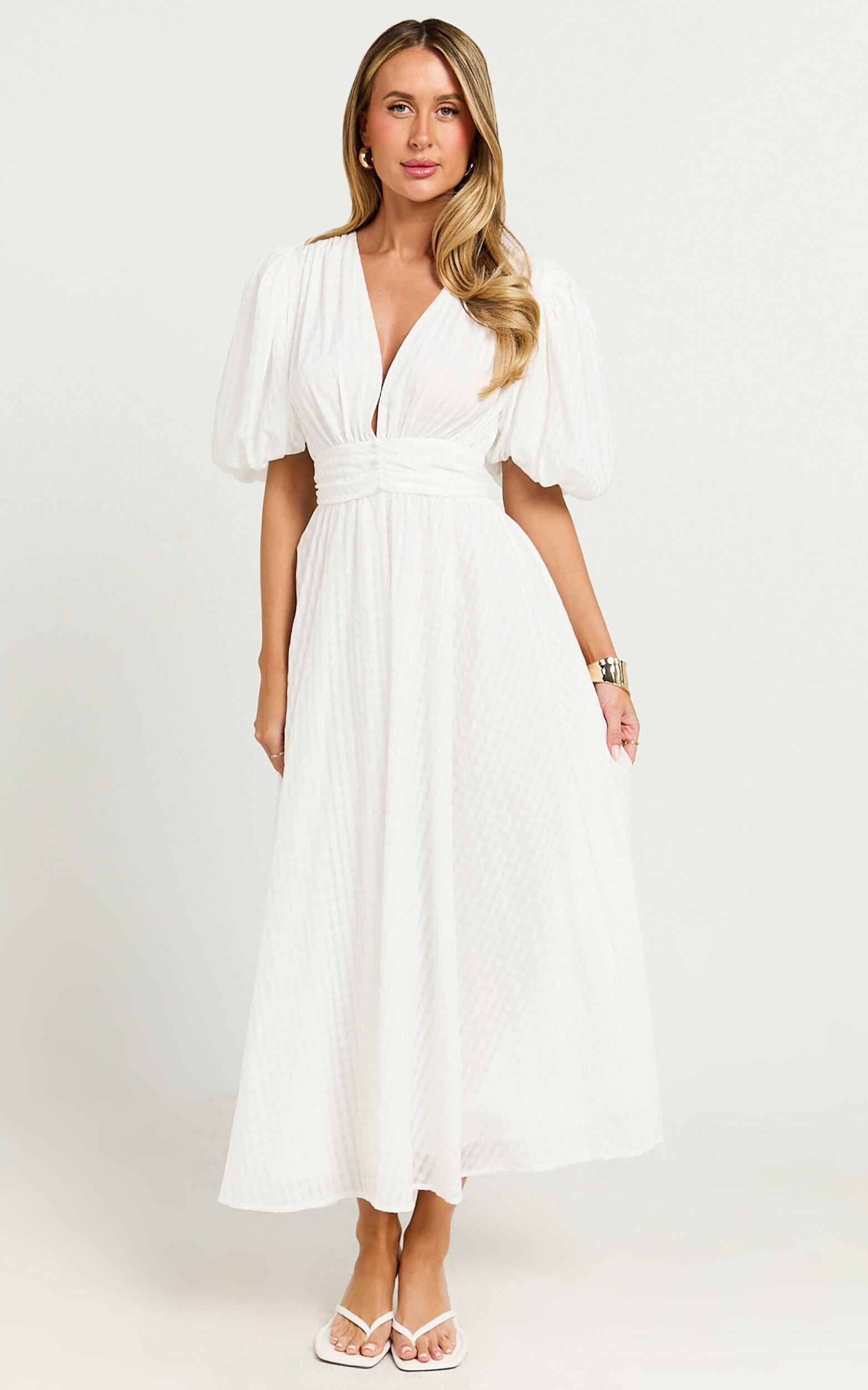 Xandy Midi Dress - Textured Puff Sleeve Plunge Dress in White Product Image