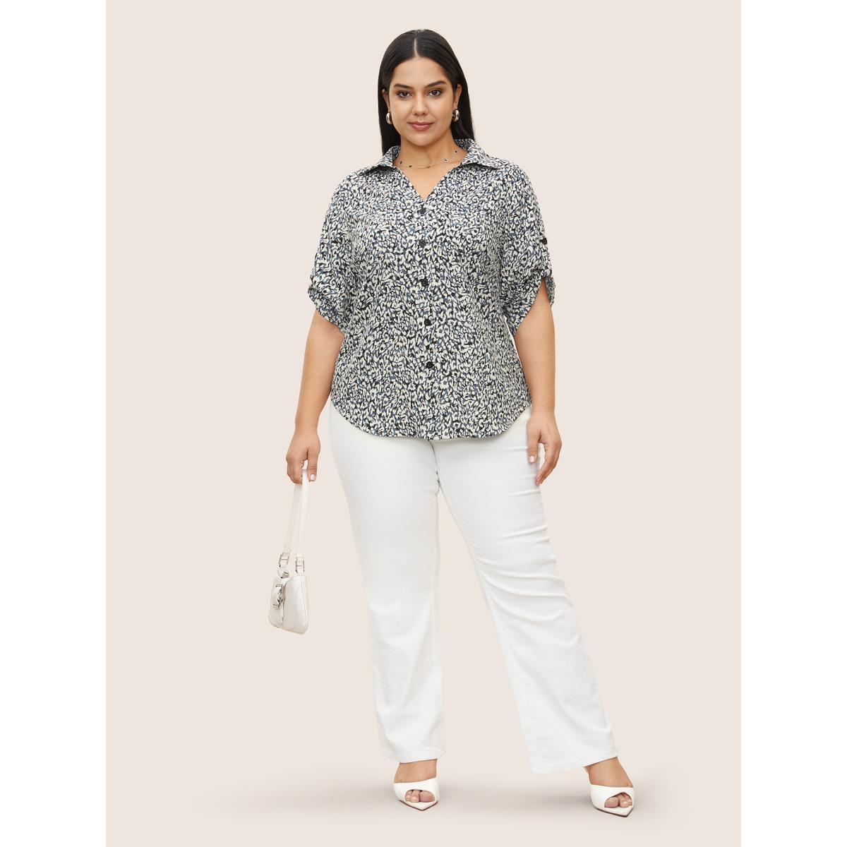 Plus Size Multicolor Leopard Print Shirt Collar Tab Sleeve Blouse Women At the Office Half Sleeve Shirt collar Work Blouses BloomChic 18-20/2X Product Image