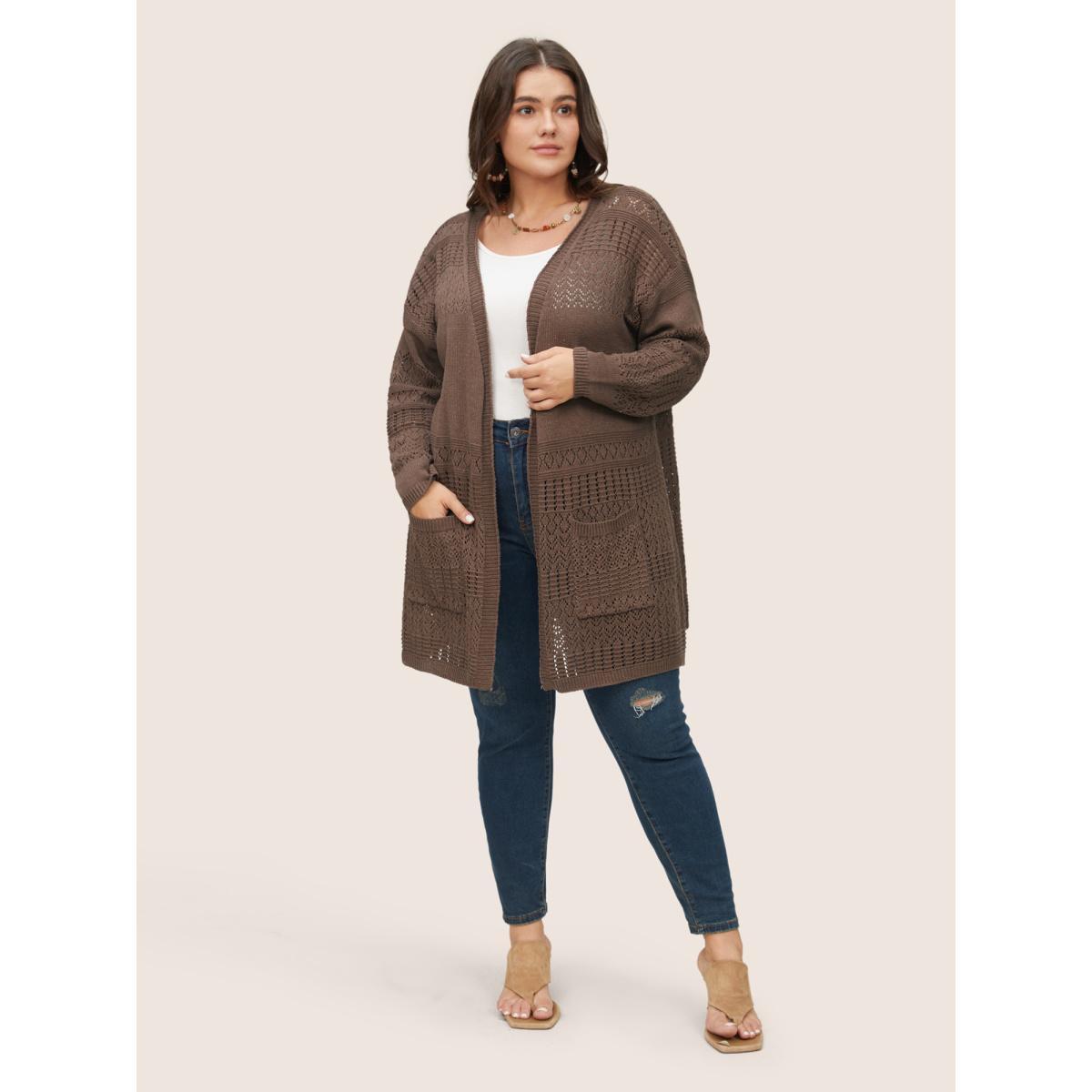 Plus Size Solid Geometric Hollow Out Pocket Cardigan DarkBrown Women Casual Long Sleeve Everyday Cardigans BloomChic 14-16/1X Product Image