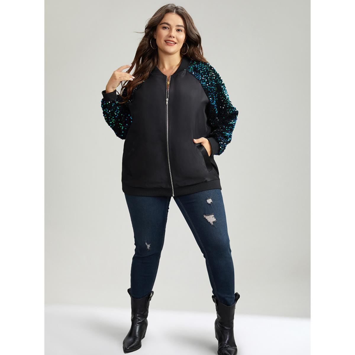 Plus Size Sequin Detail Patchwork Pocket Jacket Women Black Elastic cuffs Pocket Dailywear Jackets BloomChic 18-20/2X Product Image