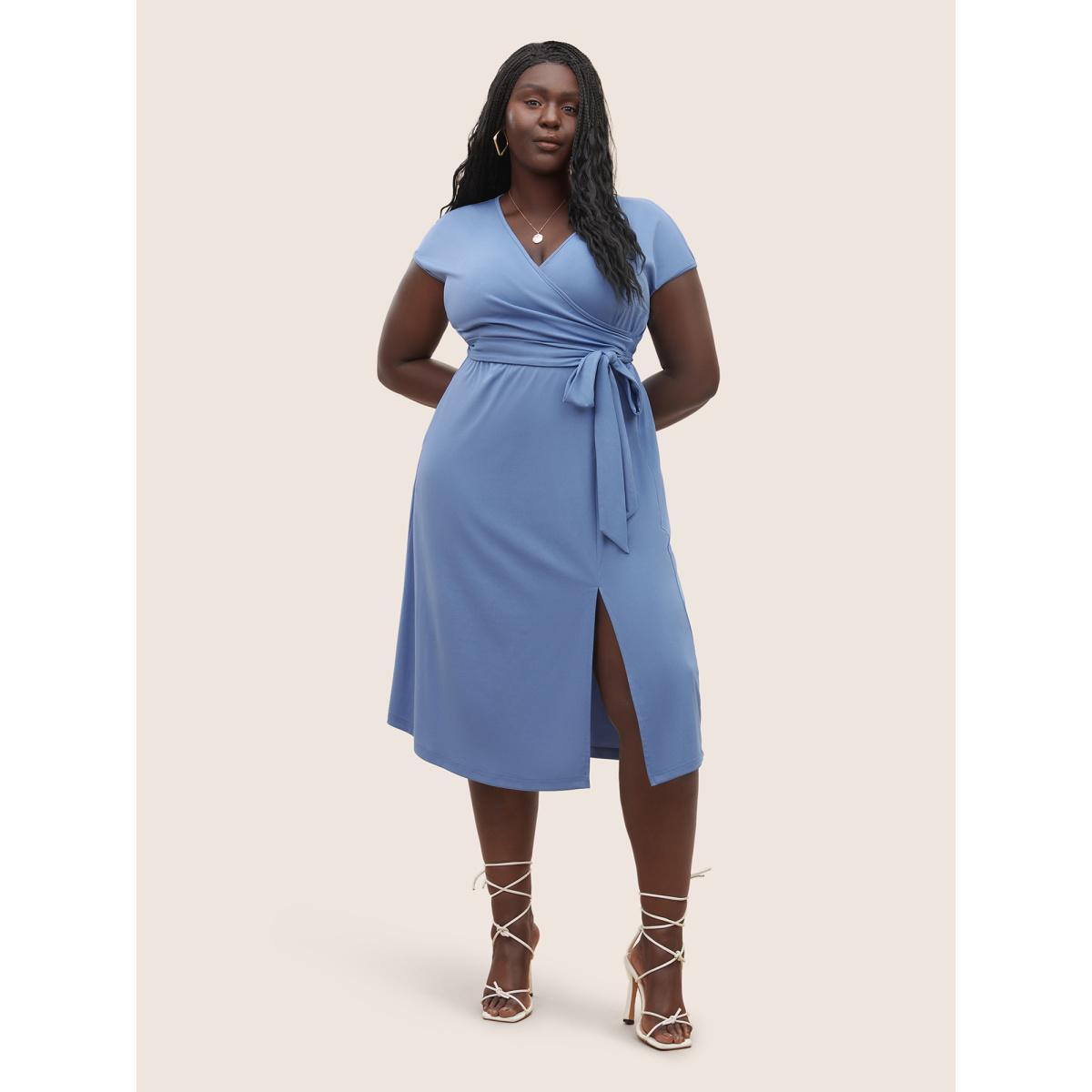 Plus Size Solid Ties Wrap Dolman Sleeve Split Side Dress Stone Women Basics Non Overlap Collar Cap Sleeve Curvy Midi Dress BloomChic 10/M Product Image