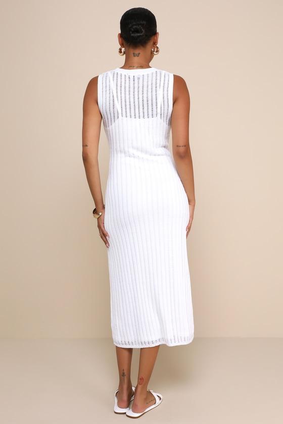 Effortlessly Sultry White Ribbed Knit Bodycon Midi Dress Product Image