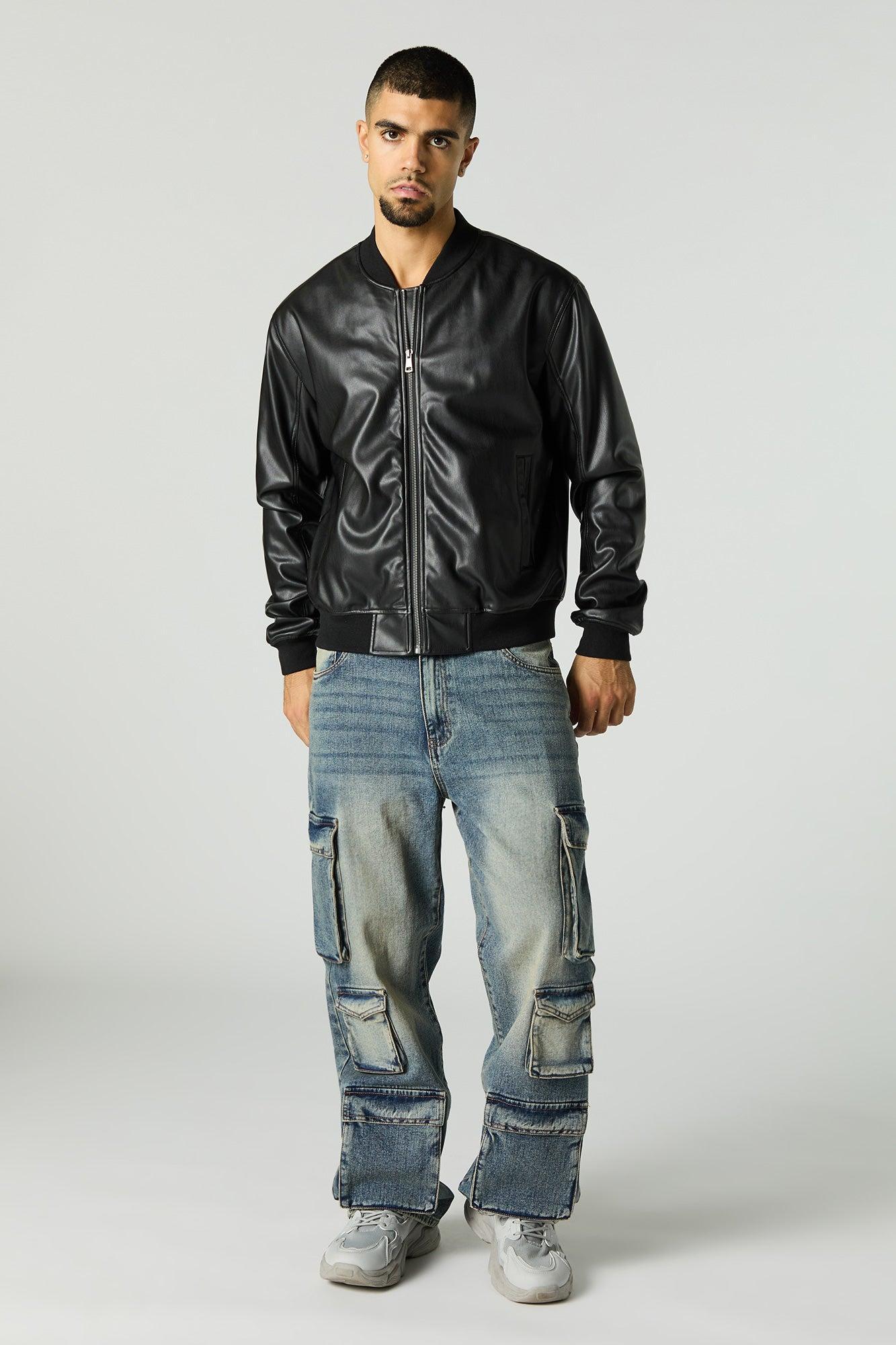 Faux Leather Bomber Jacket Male Product Image