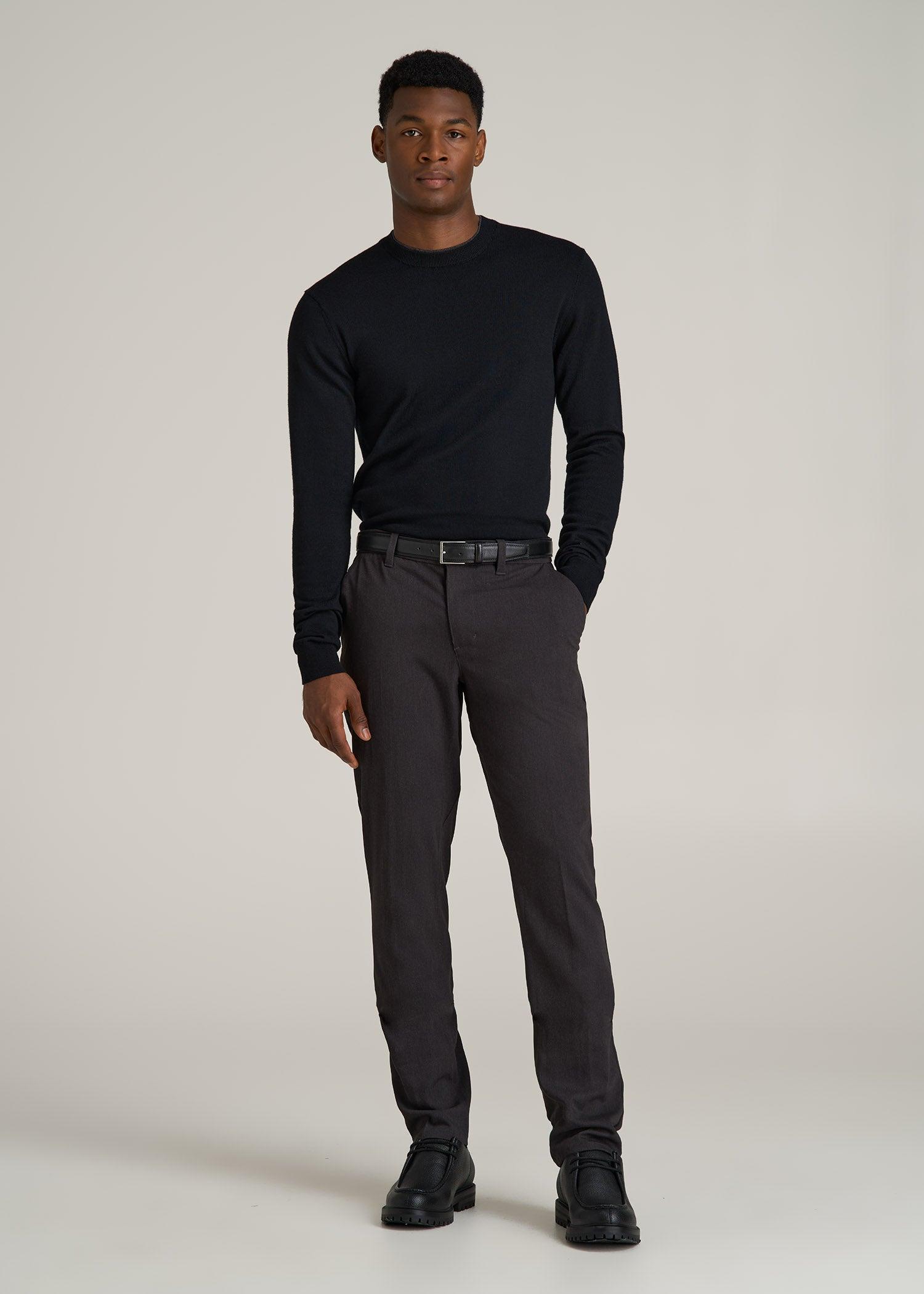 Merino Wool Crewneck Tip Sweater for Tall Men in Black Product Image