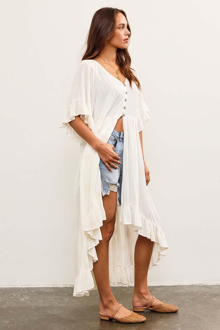 V Neck Button Closure Ruffle Hem Duster Dress Product Image
