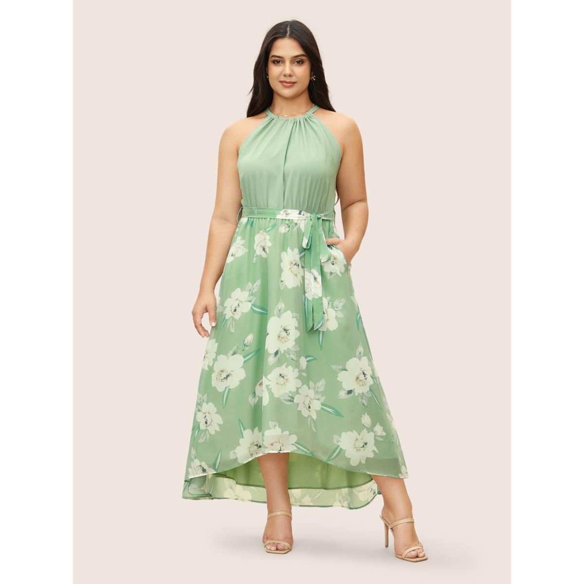 Plus Size Floral Patchwork Halter Ties High Low Hem Dress Palemauve Women Elegant Non Halter neck Sleeveless Curvy Midi Dress BloomChic 10/M Product Image