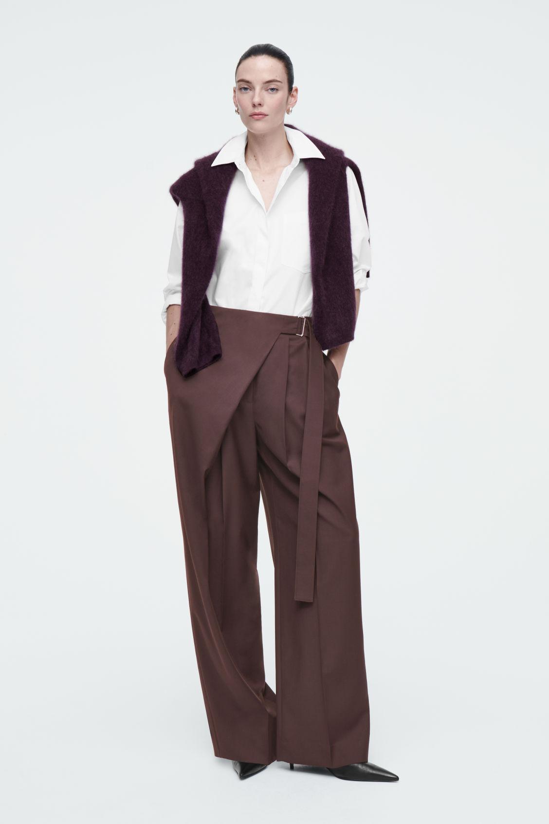 RELAXED BELTED WRAP-FRONT WOOL PANTS Product Image