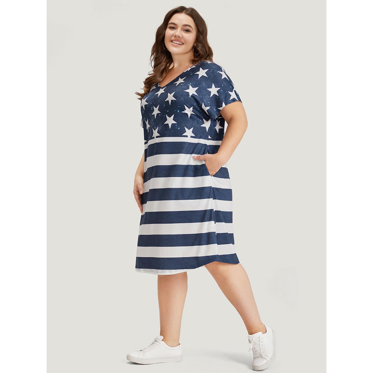Plus Size Star & Striped Contrast Dolman Sleeve Arc Hem Dress Indigo Women Casual Pocket V-neck Short sleeve Curvy Midi Dress BloomChic 22-24/3X Product Image