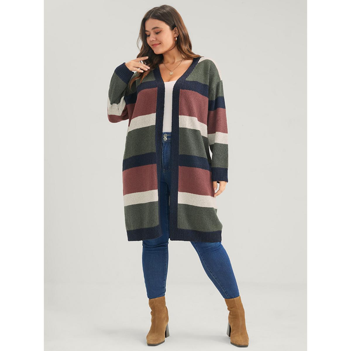 Plus Size Colorblock Contrast Pointelle Knit Heather Open Front Long Cardigan Multicolor Women Casual Loose Long Sleeve Dailywear Cardigans BloomChic 18-20/2X Product Image