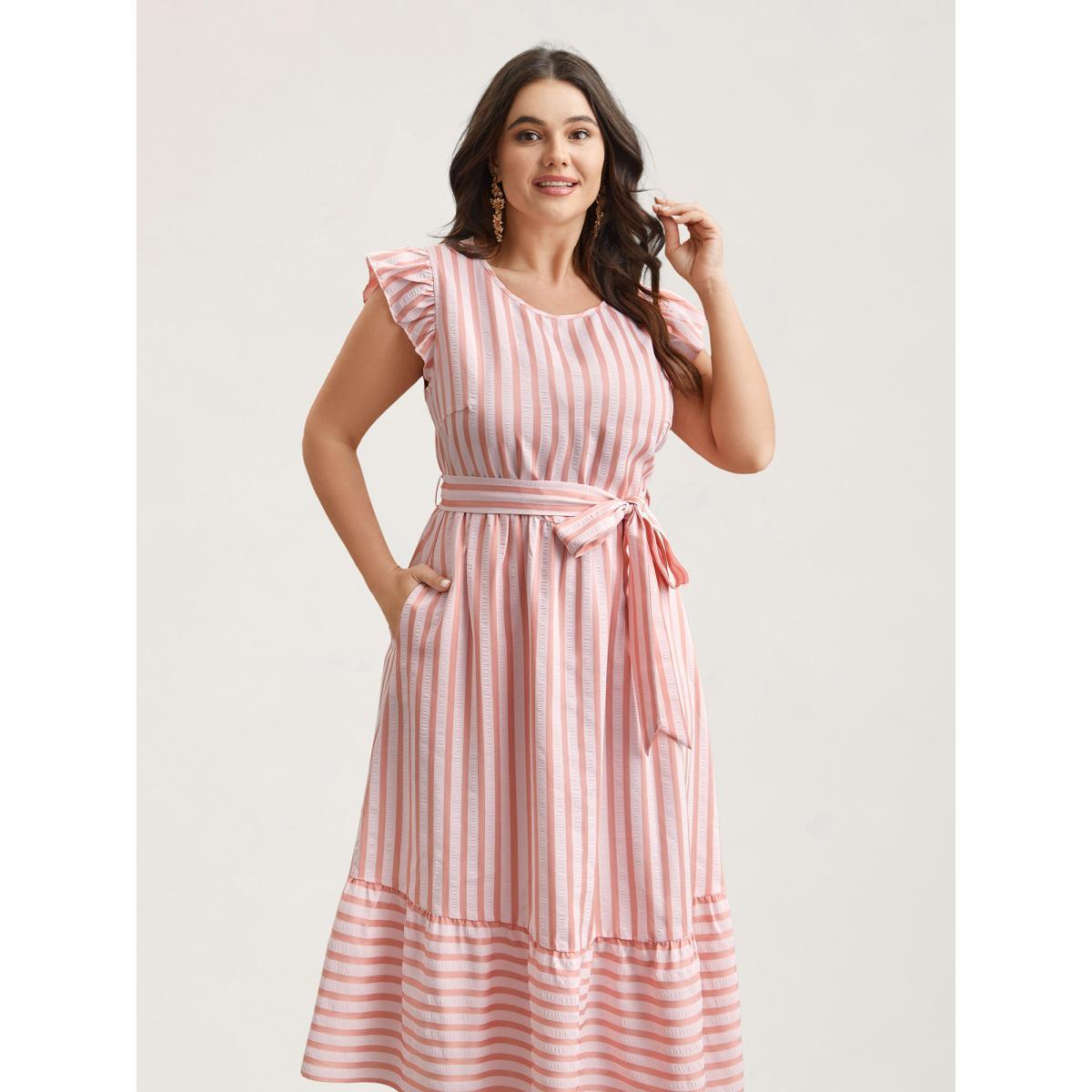 Plus Size Pastel Stripes Belted Pockets Midi Dress Multicolor Women Casual Belted Round Neck Cap Sleeve Curvy BloomChic 26/4X Product Image