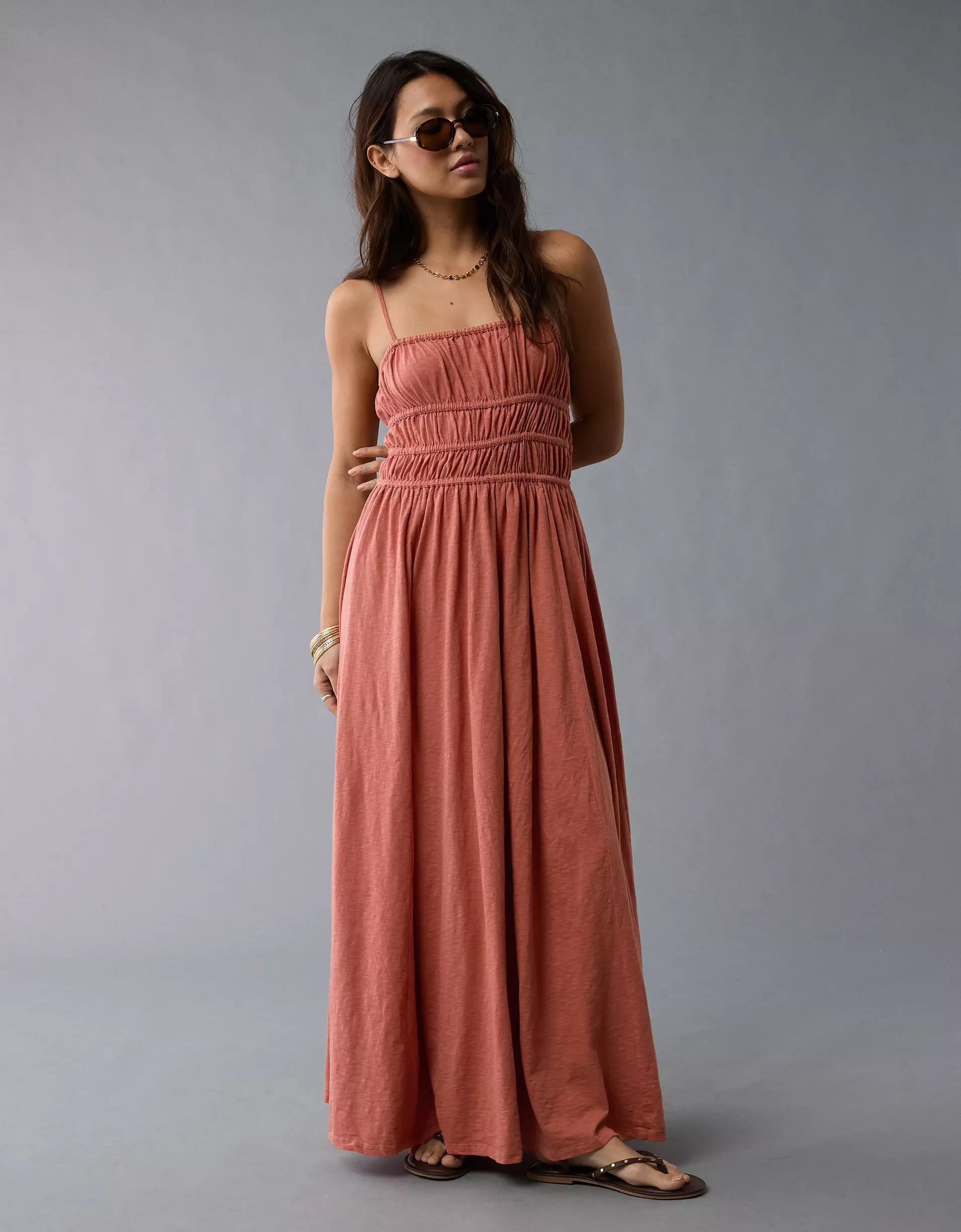 AE Sunchaser Knit Smocked Bodice Striped Midi Dress Product Image