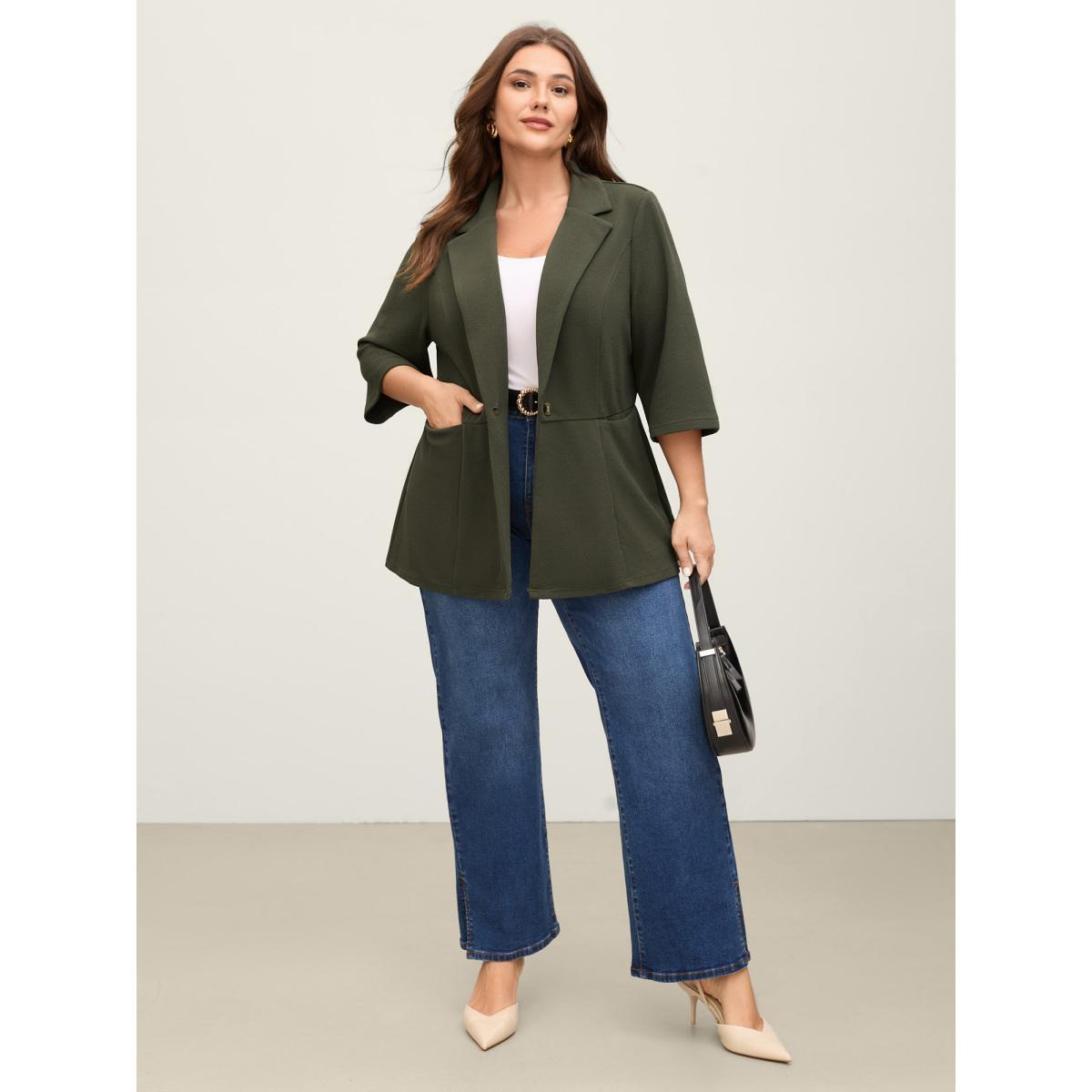 Plus Size Stretchy Textured Cinched Flared Waist Blazer ArmyGreen Women Work Texture Sleeve Elbow-length sleeve Suit Collar 18-20/2X Single-flap pocket Blazers BloomChic Product Image