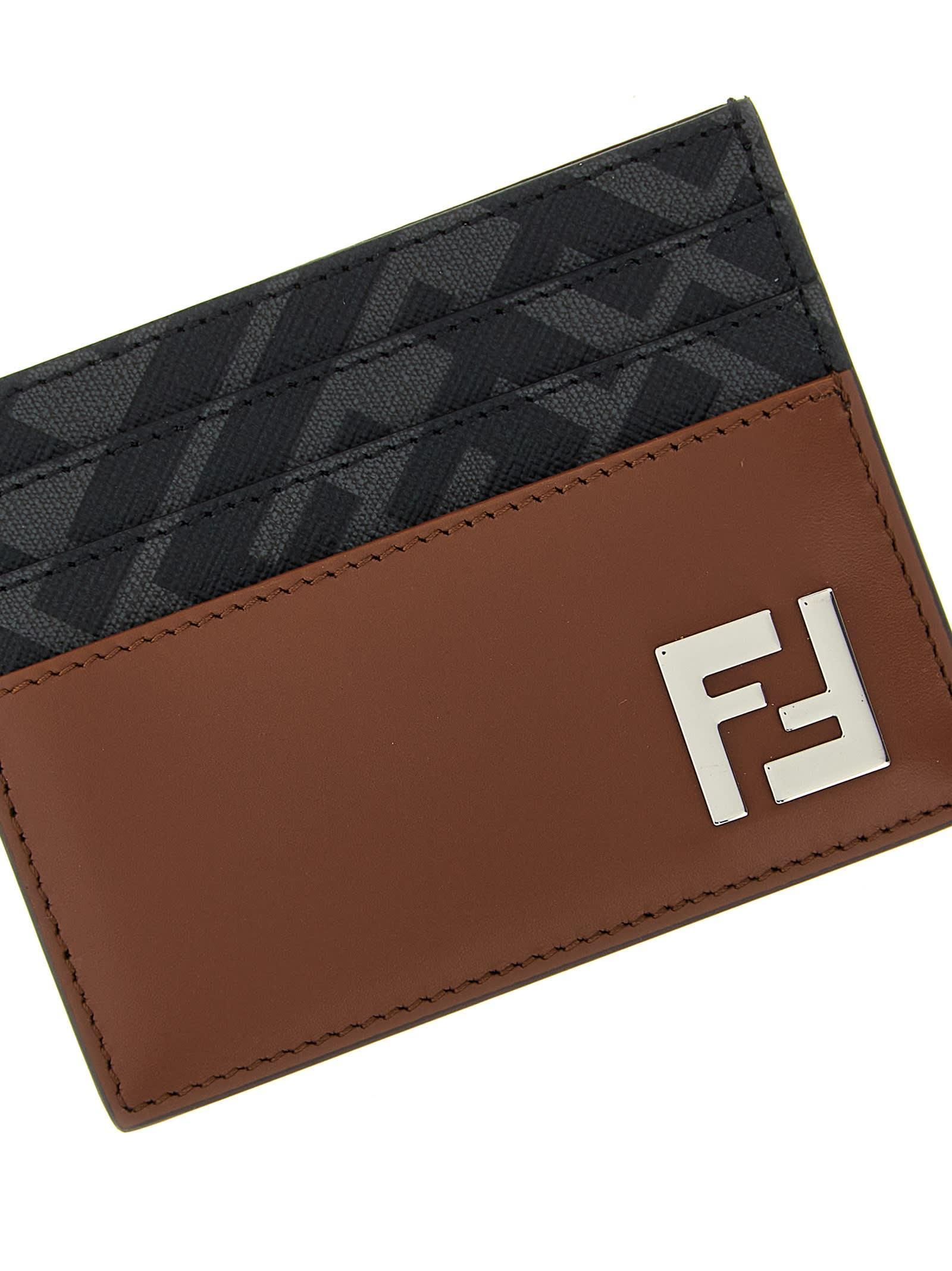 FENDI Leather And Ff Canvas Squared Card Holder In Brown Product Image