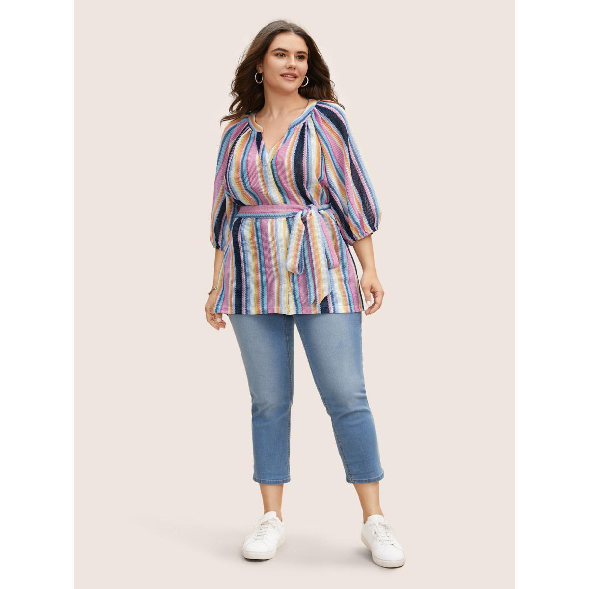Plus Size Multicolor Notched Collar Contrast Striped Lantern Sleeve Blouse Women Casual Elbow-length sleeve Notched collar Everyday Blouses BloomChic 28/5X Product Image