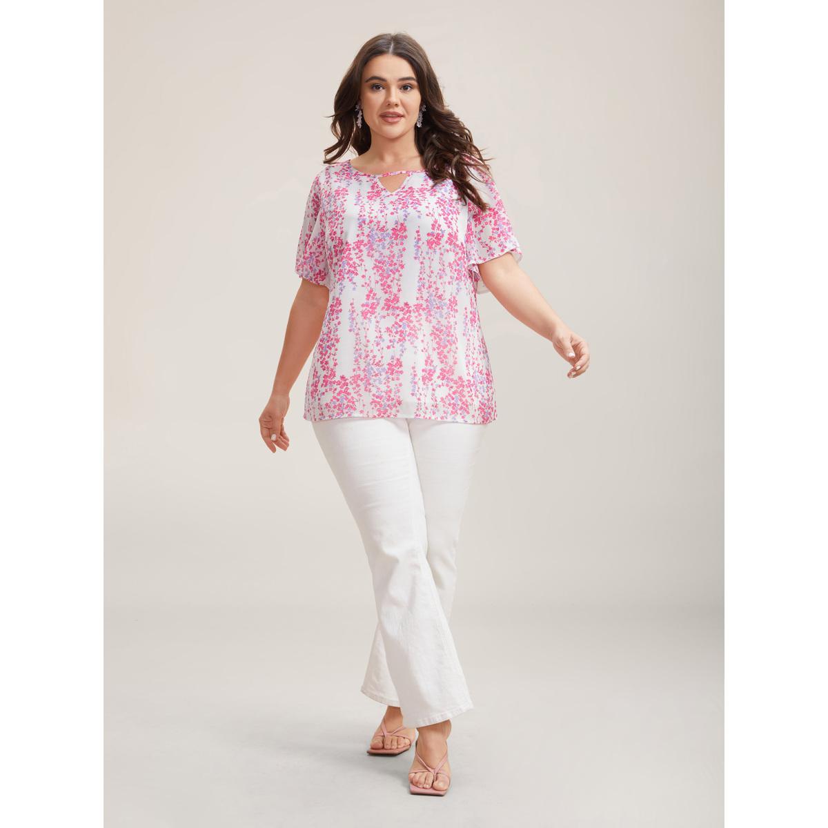Plus Size WhiteSmoke Floral Neck Cut-Out Flutter Sleeve Shirt Women Elegant Short sleeve Round Neck Everyday Blouses BloomChic 22-24/3X Product Image