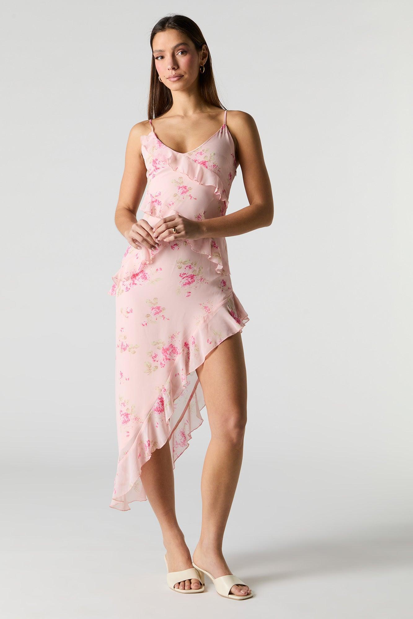 Floral Chiffon Ruffle Asymmetrical Midi Dress Female Product Image