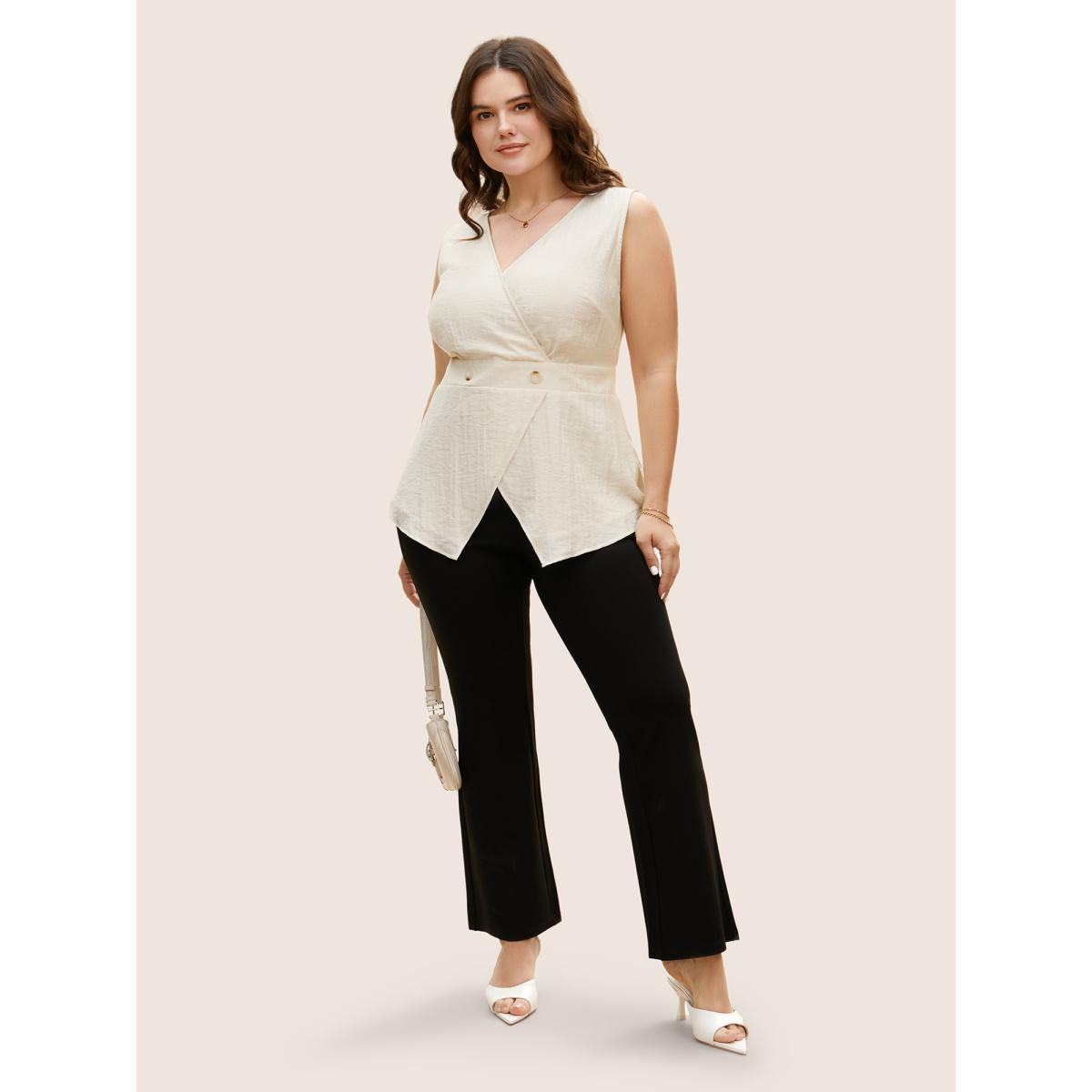 Plus Size Solid Button Detail Shirred Wrap Tank Top Women Originalwhite Workwear Essentials Button V-neck Work Tank Tops Camis BloomChic 18-20/2X Product Image