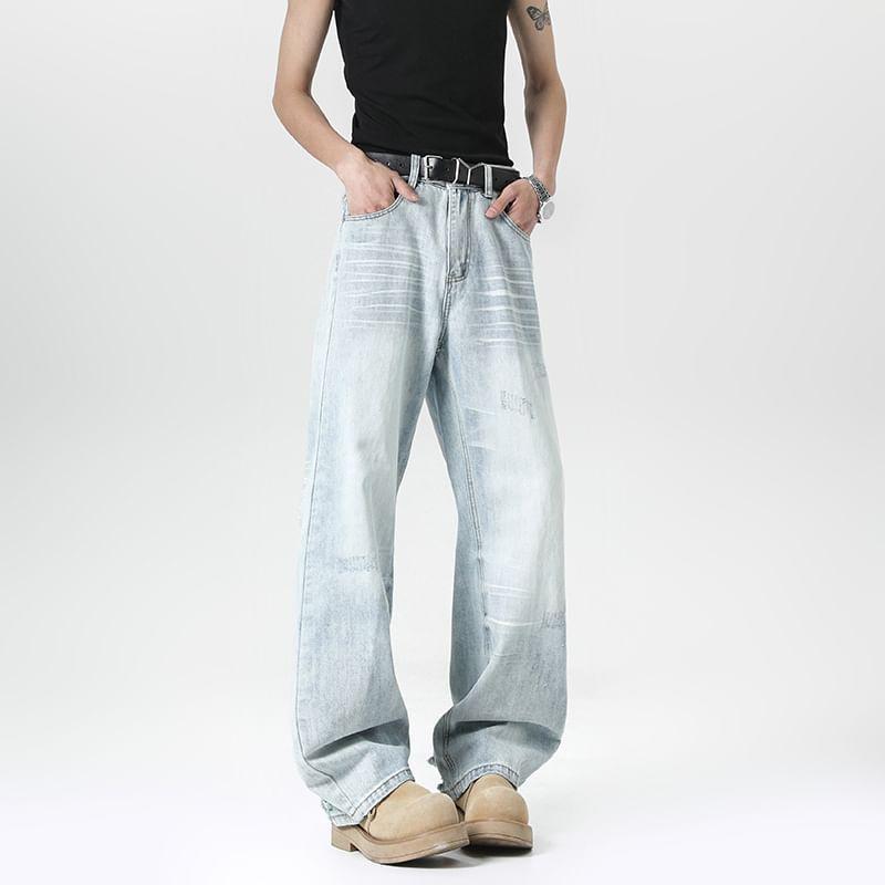 Mid Rise Washed Distressed Loose Fit Jeans Product Image