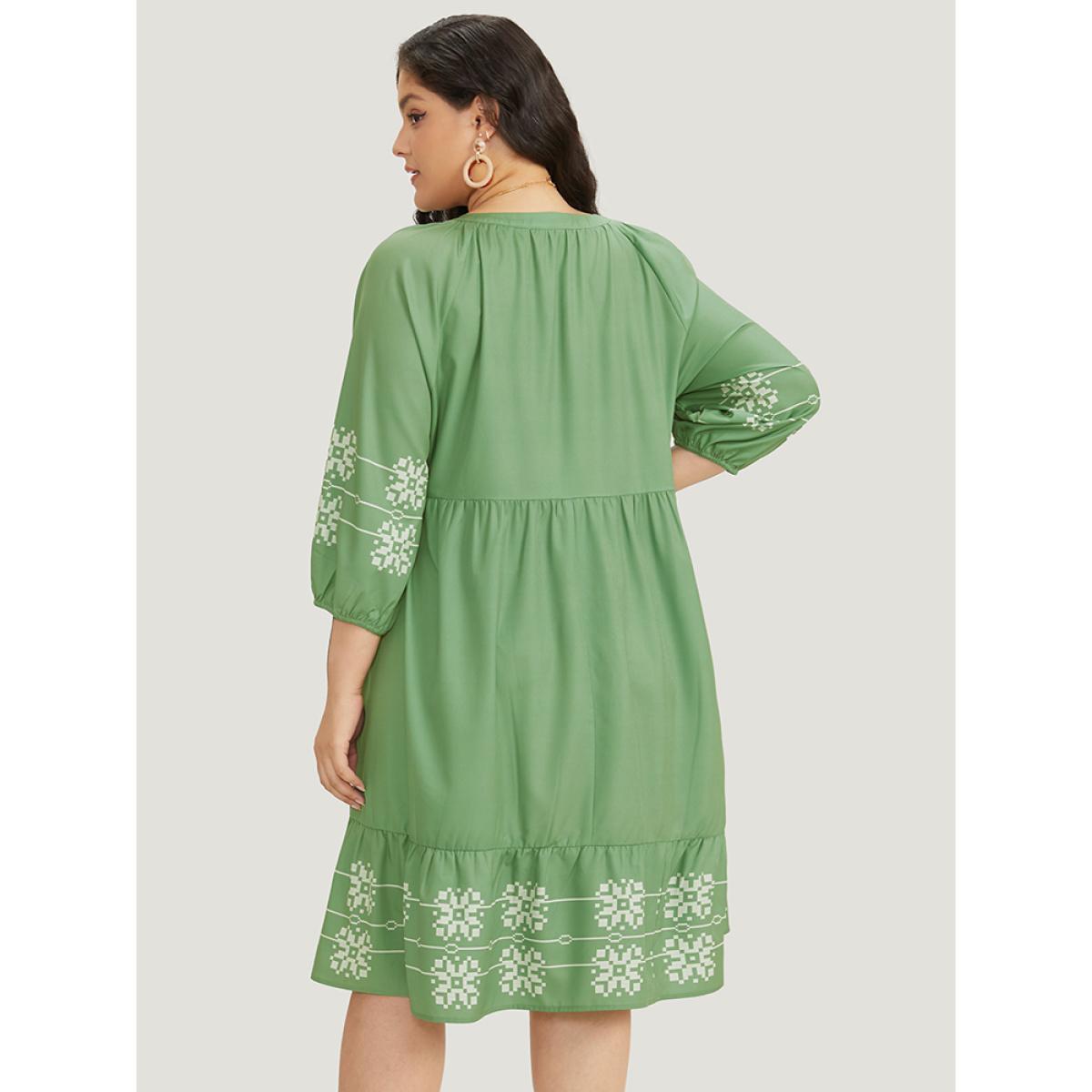 Plus Size Bandana Print Notched Layered Hem Elastic Cuffs Dress Mint Women Vacation Elastic cuffs Notched collar Elbow-length sleeve Curvy Midi Dress BloomChic 30/6X Product Image