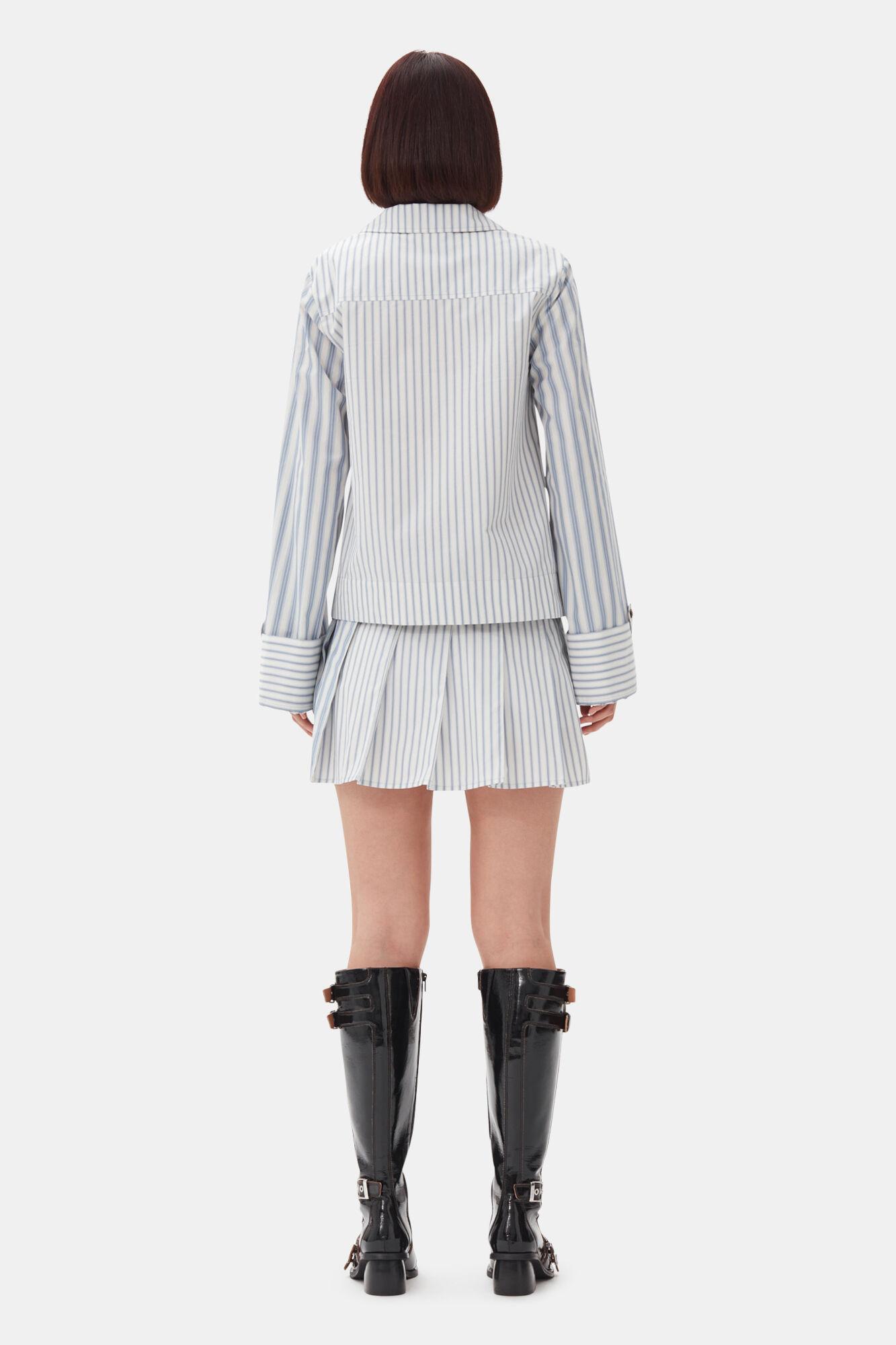 Blue Stripe Cotton Pleated Mini Skirt Product Image