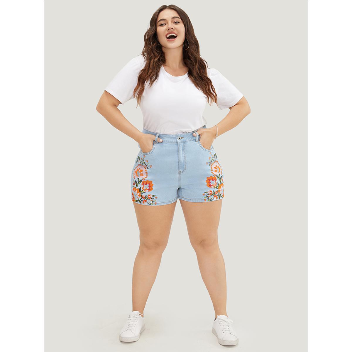 Plus Size High Rise Light Wash Floral Embroidered Denim Shorts Women LightBlue Embroidered No stretch Dailywear Pocket Vacation Denim Shorts BloomChic 10/M Product Image
