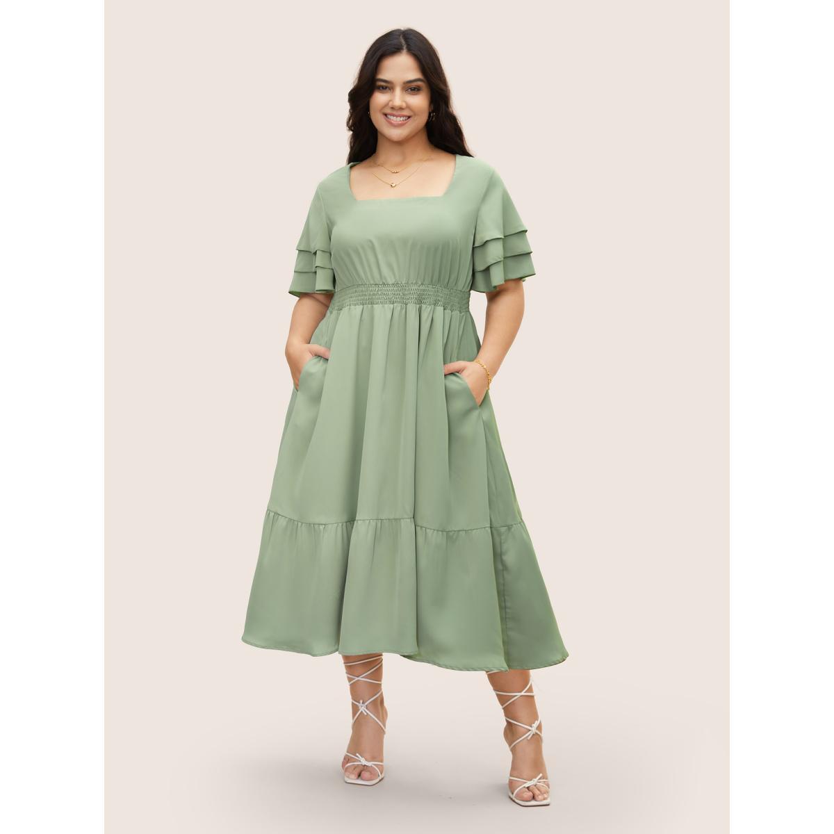 Plus Size Square Neck Shirred Tiered Ruffle Sleeve Dress Palemauve Women Elegant Tiered Square Neck Short sleeve Curvy BloomChic 18-20/2X Product Image