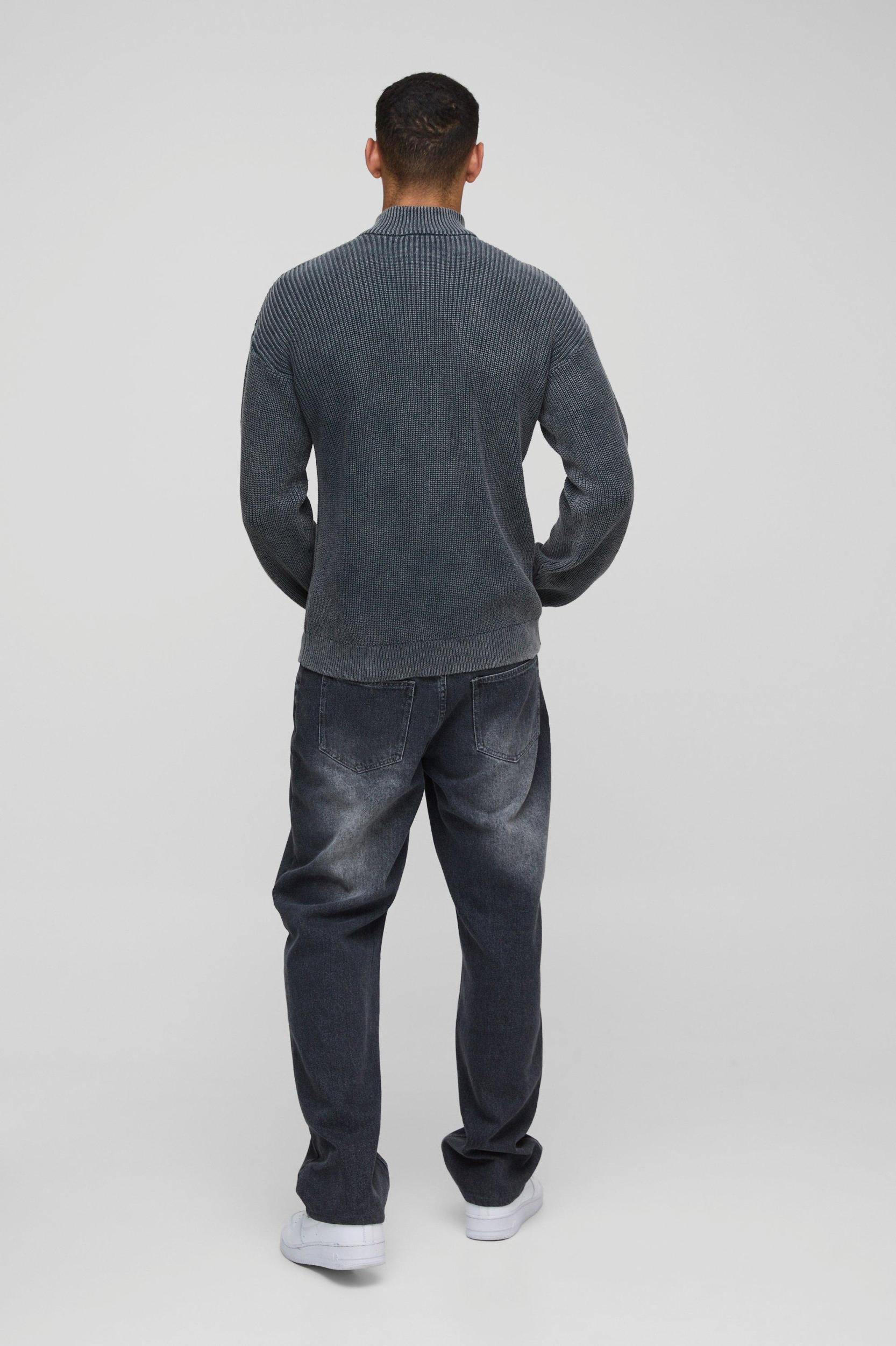 Relaxed Funnel Neck Zip Up Acid Wash Knitted Sweater | boohooMAN USA Product Image