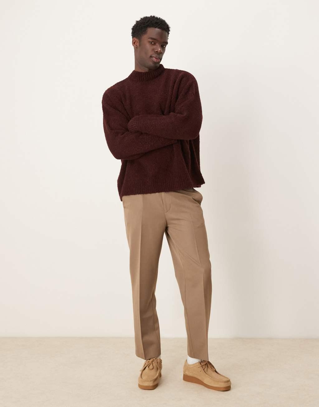 ASOS DESIGN super oversized boxy fit textured knit funnel neck sweater in burgundy Product Image