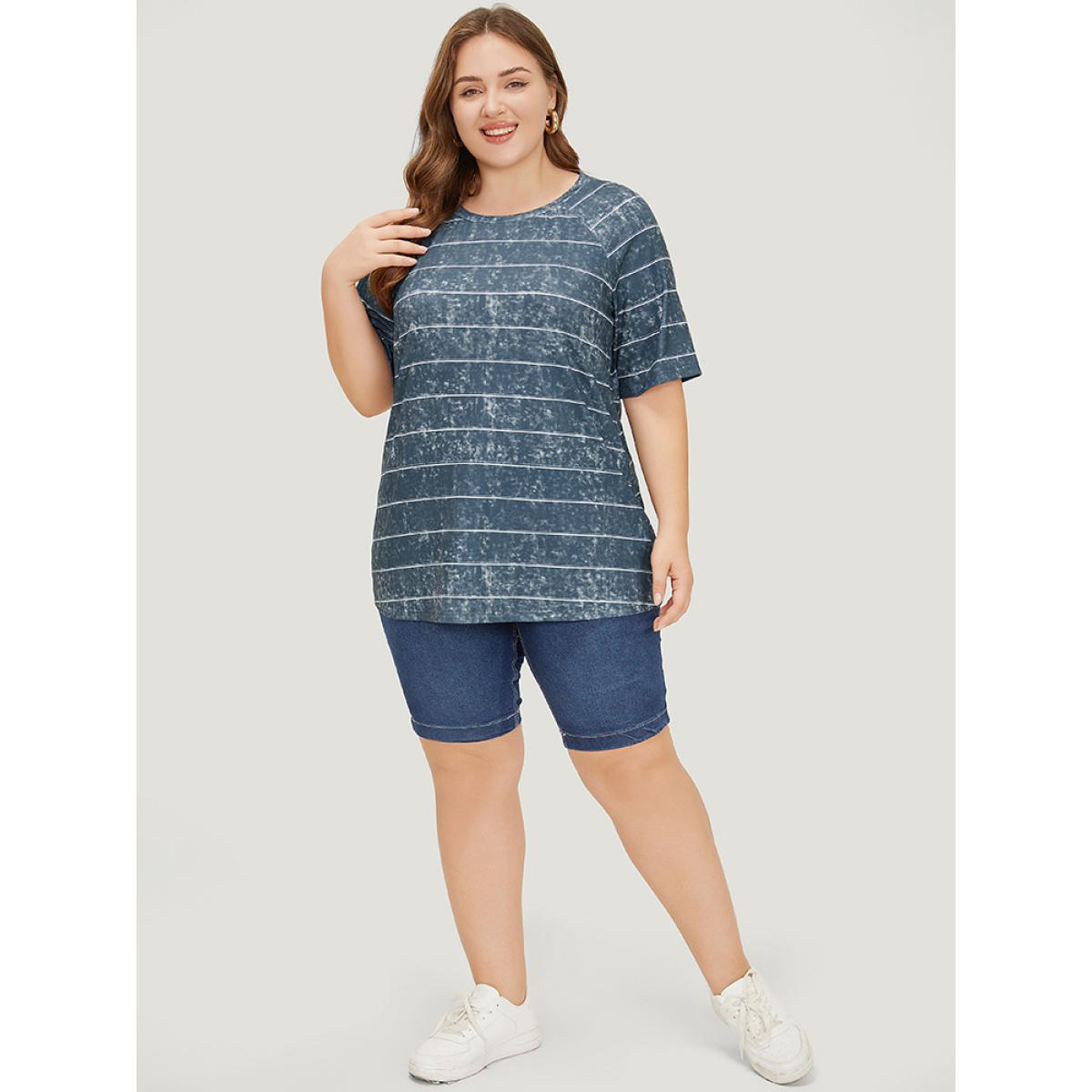 Plus Size Striped Print Raglan Sleeve Vintage T-shirt DimGray Women Casual Contrast Striped Round Neck Dailywear T-shirts BloomChic 10/M Product Image